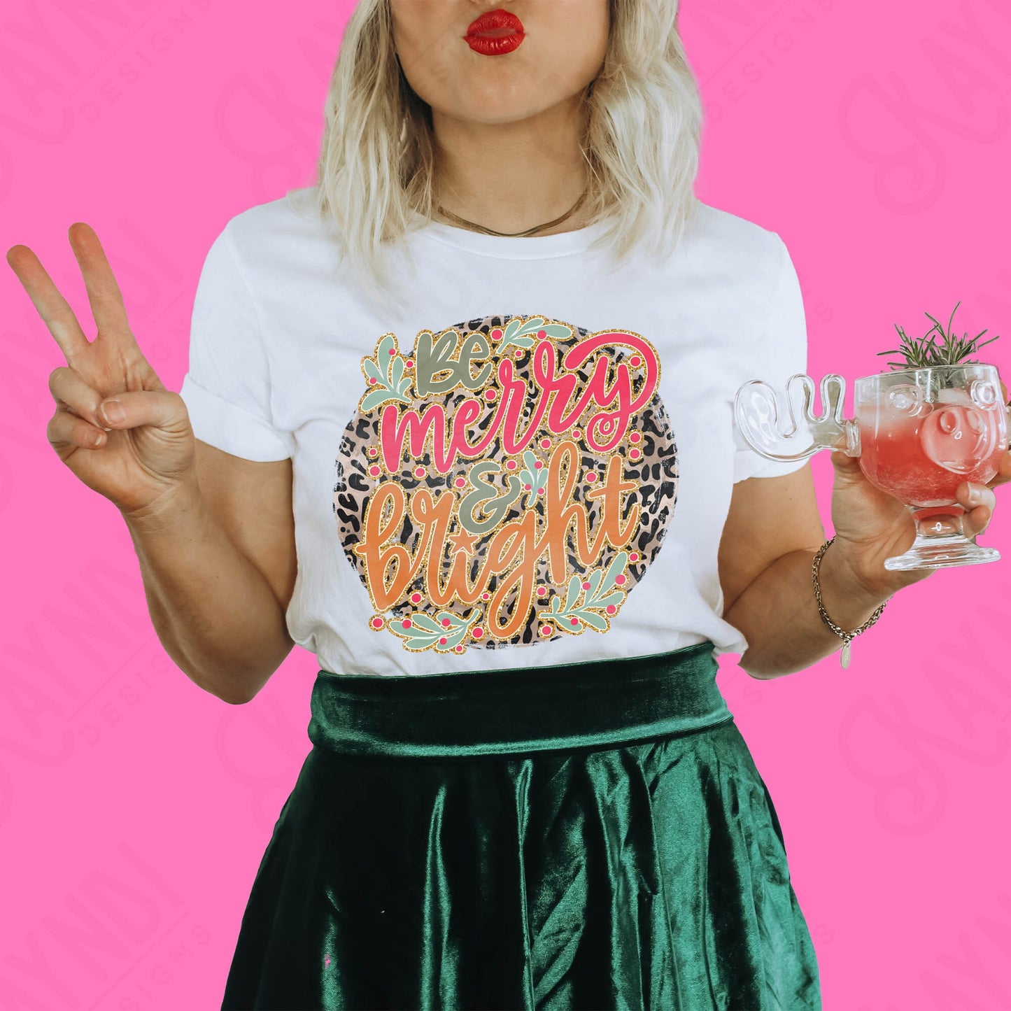 Be Merry & Bright Sublimation Design PNG Digital Download Printable Pink Christmas Leopard Cheetah Print Holly Jolly Merry Mama Gold Glitter