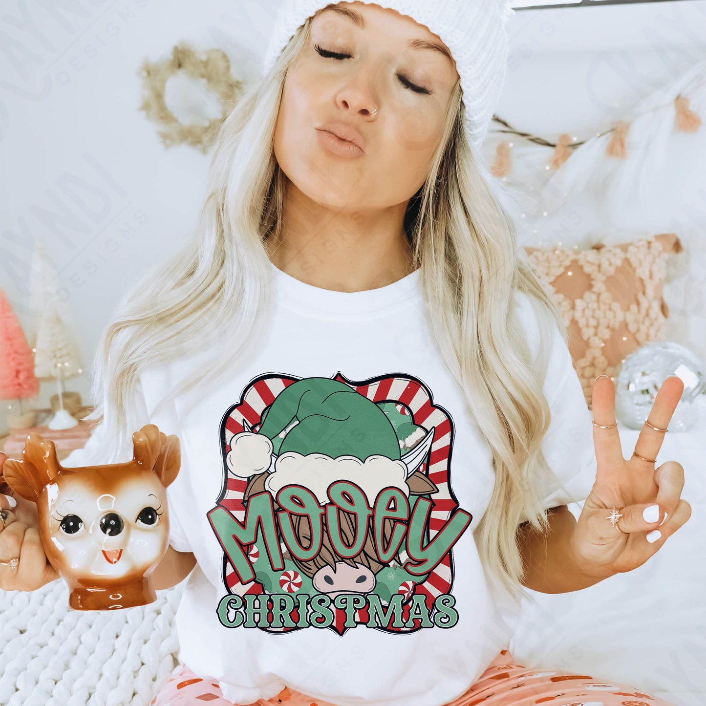 Mooey Christmas Cow Red Green Sublimation Design PNG Digital Download Printable Christmas Cow Furry Cow Santa Hat Candy Cane Merry Christmas