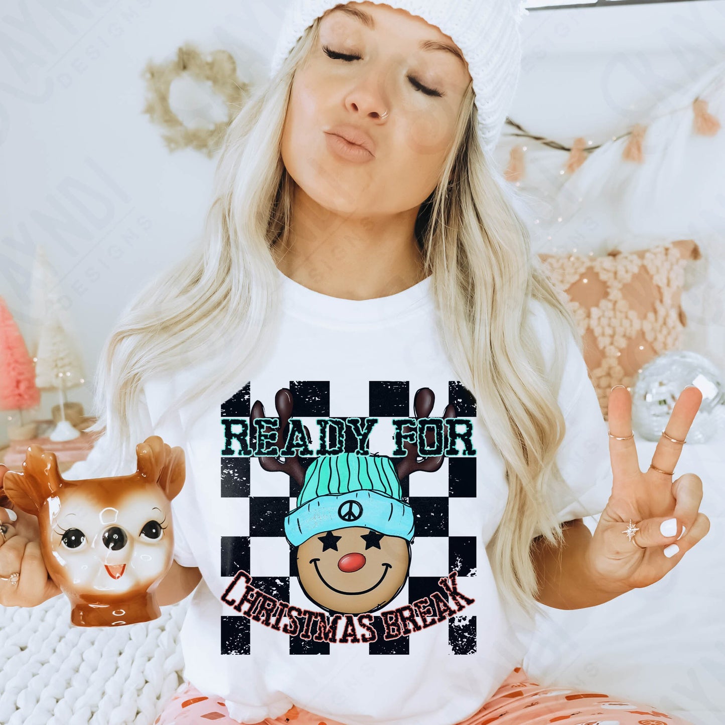 Ready for Christmas Break Reindeer Blue Beanie Hat Sublimation Design PNG Digital Download Printable Kids Christmas School Teacher Checker