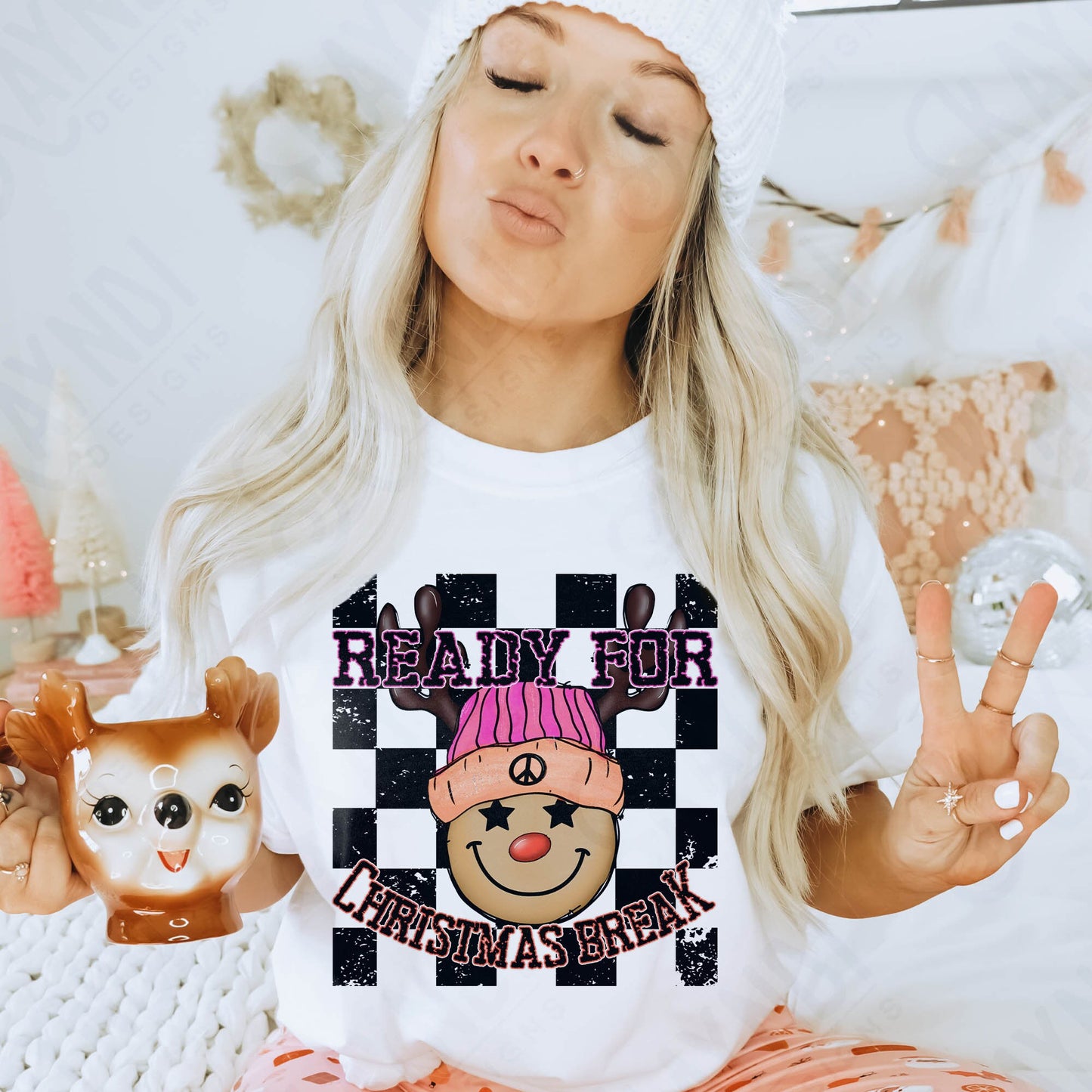 Ready for Christmas Break Reindeer Pink Beanie Hat Sublimation Design PNG Digital Download Printable Kids Christmas School Teacher Checker