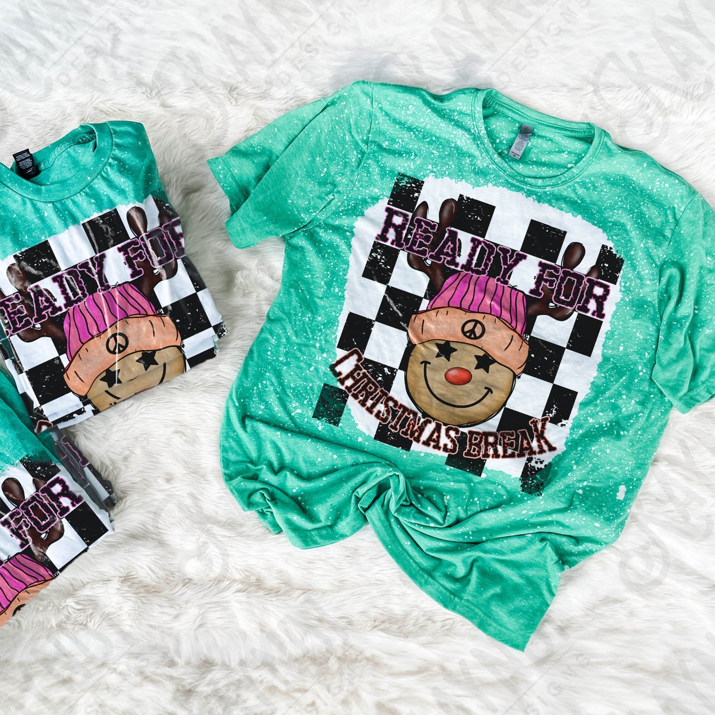 Ready for Christmas Break Reindeer Pink Beanie Hat Sublimation Design PNG Digital Download Printable Kids Christmas School Teacher Checker