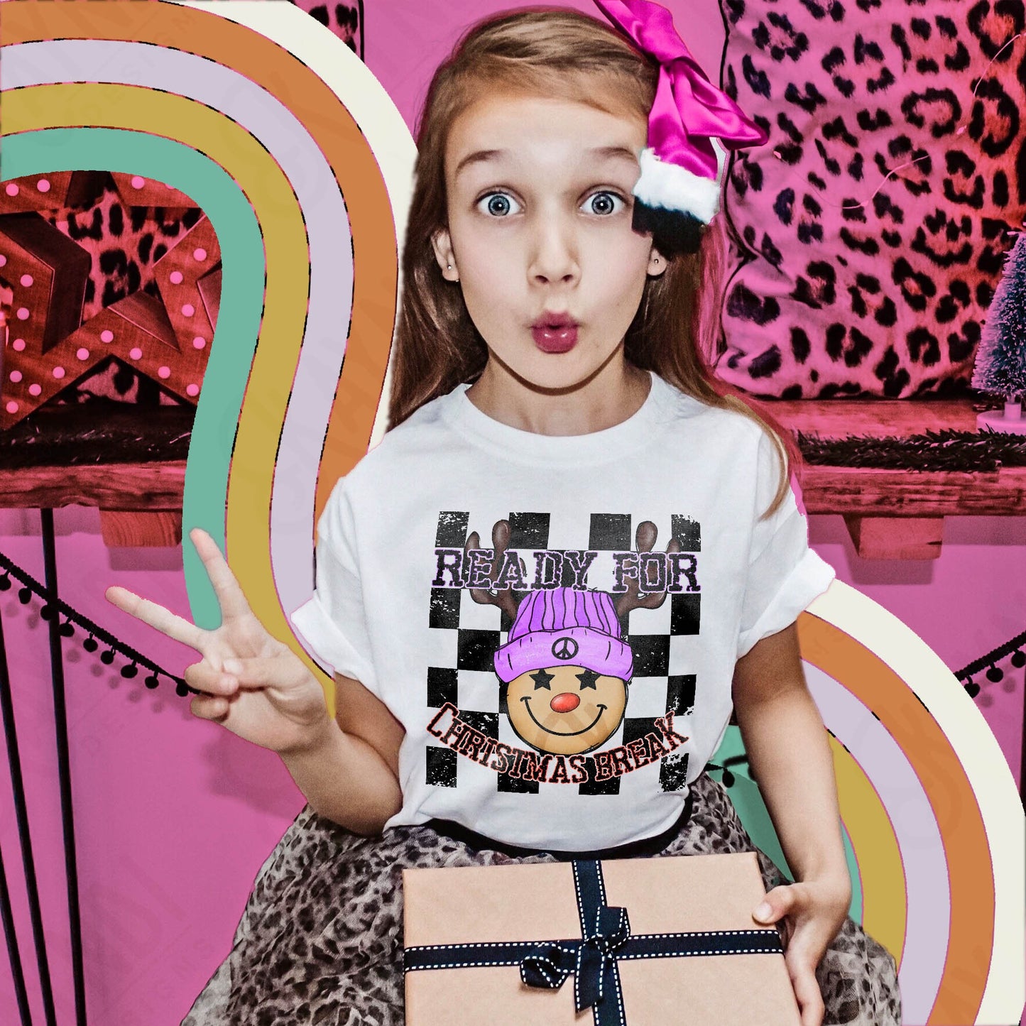 Ready for Christmas Break Reindeer Purple Beanie Hat Sublimation Design PNG Digital Download Printable Kids Christmas School Teacher Checker