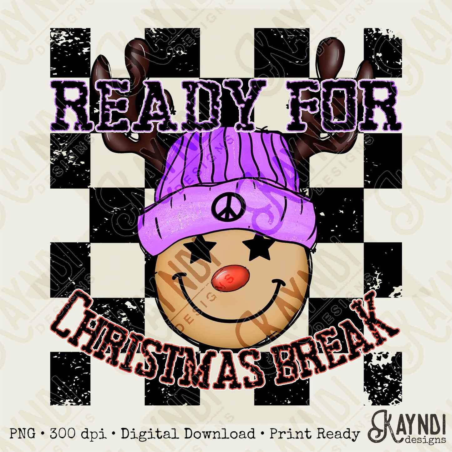 Ready for Christmas Break Reindeer Purple Beanie Hat Sublimation Design PNG Digital Download Printable Kids Christmas School Teacher Checker