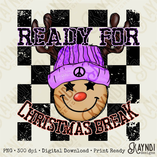 Ready for Christmas Break Reindeer Purple Beanie Hat Sublimation Design PNG Digital Download Printable Kids Christmas School Teacher Checker