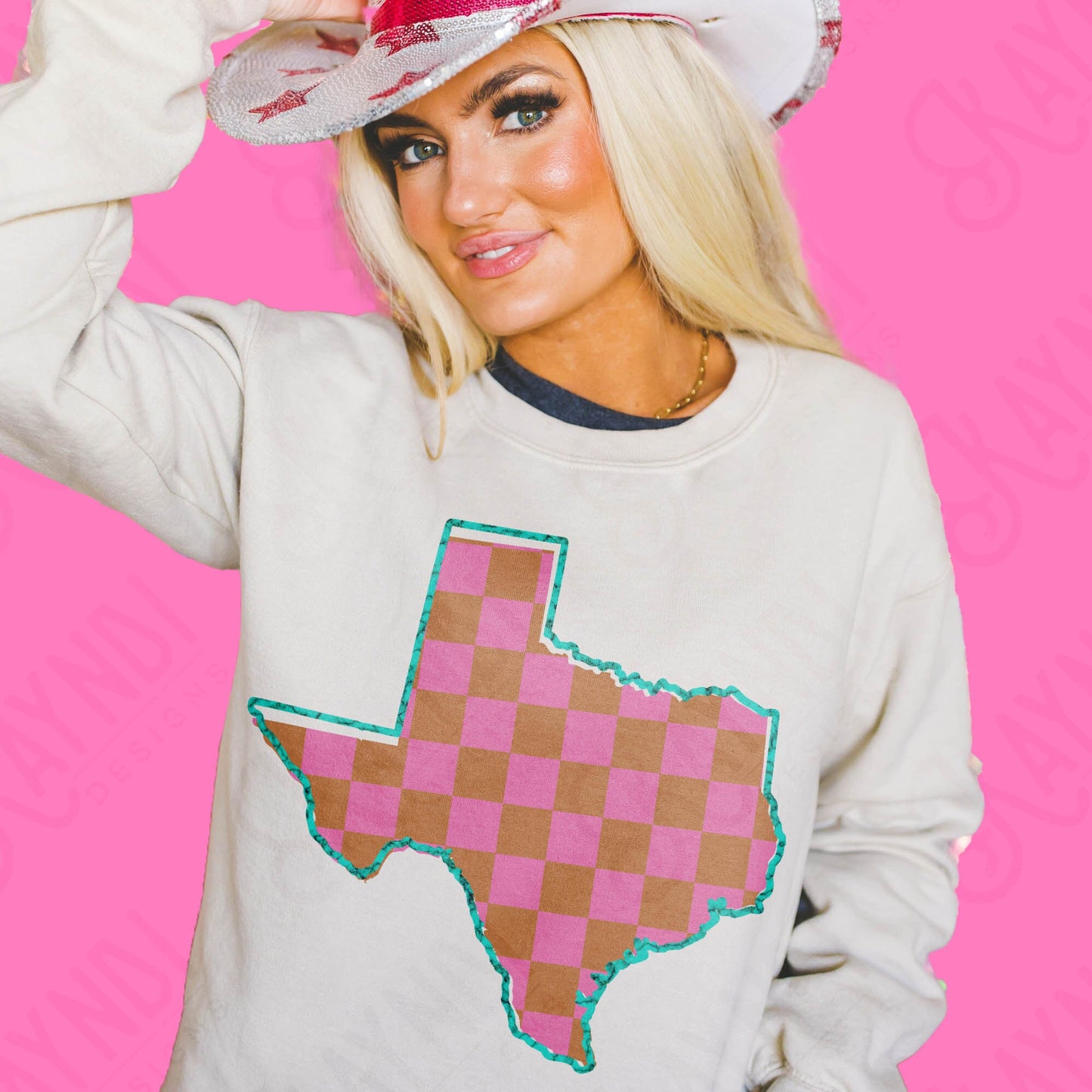 Check Pink Turquoise Texas Sublimation PNG, Digital Download, Printable Western, State-Based Art, Vibrant, DIY Craft Design