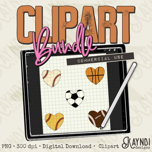 Sport Hearts Bundle PNG Digital Downloads Elements Commercial Use Baseball Football Soccer Basketball Softball