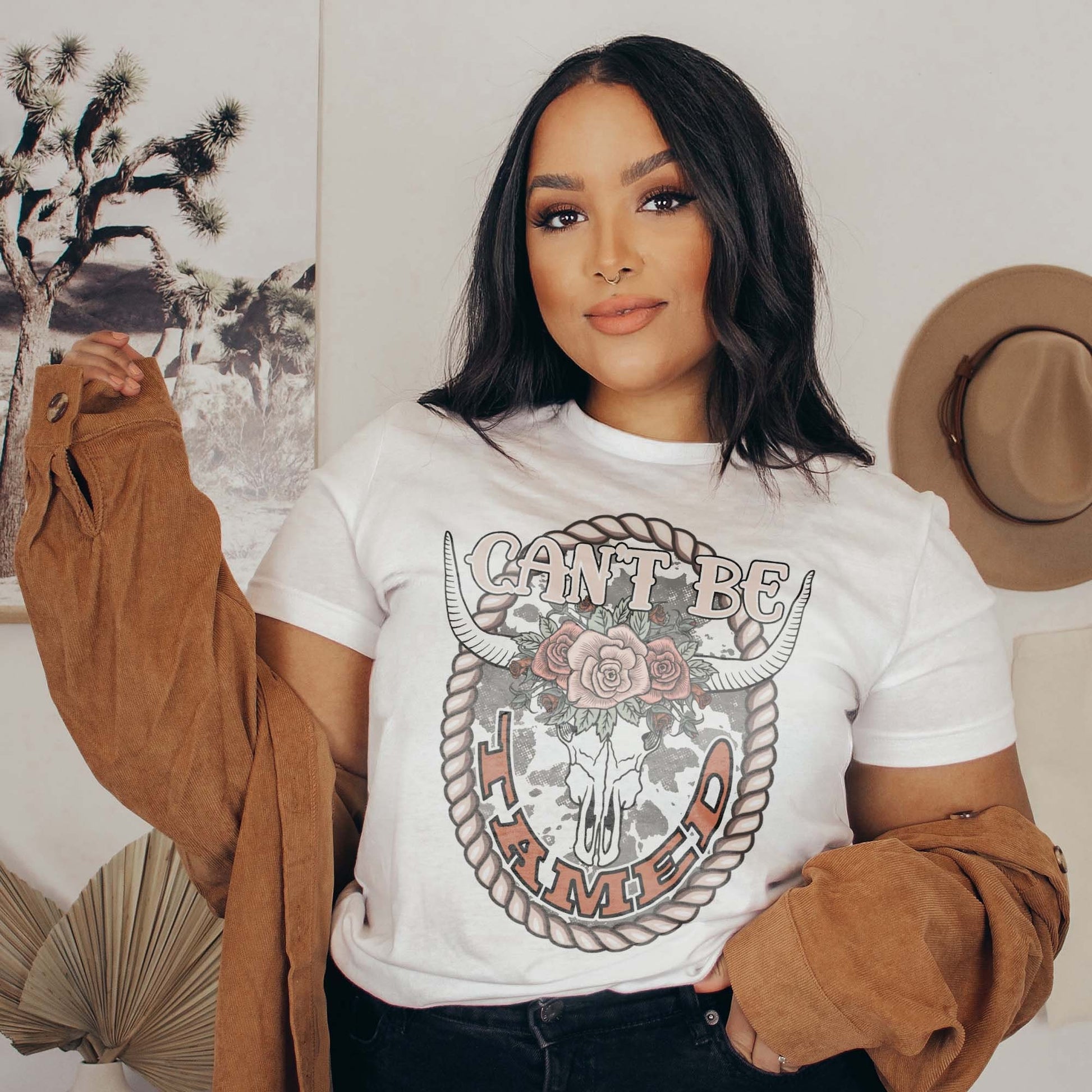 Can't Be Tamed Sublimation Design PNG Digital Download Printable Steer Skull Cow Print Western Floral Flower Vintage Retro Cowgirl Rodeo