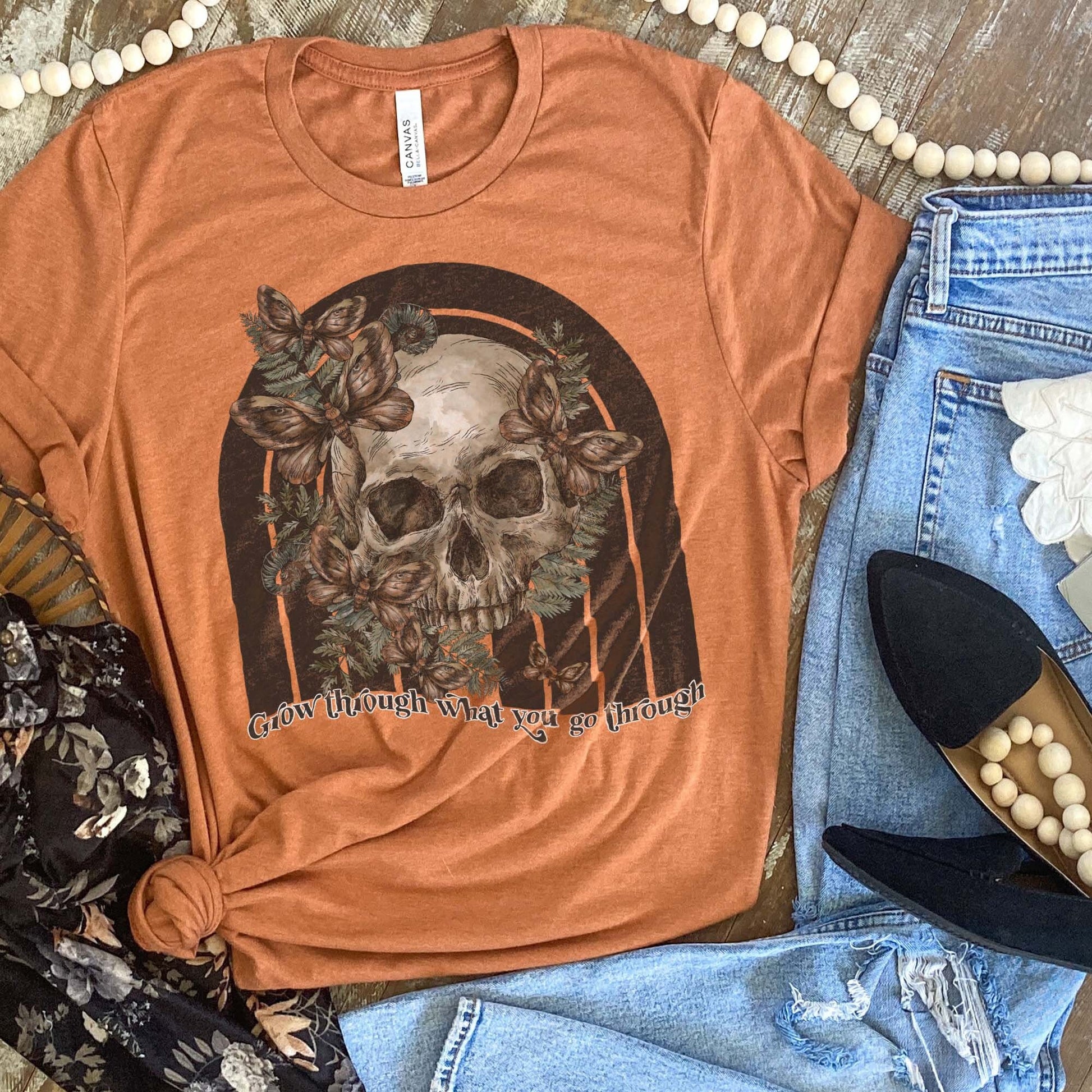 Grow Through What You Go Through Sublimation Design PNG Digital Download Printable Inspirational Mental Health Quote Saying Skull Skeleton