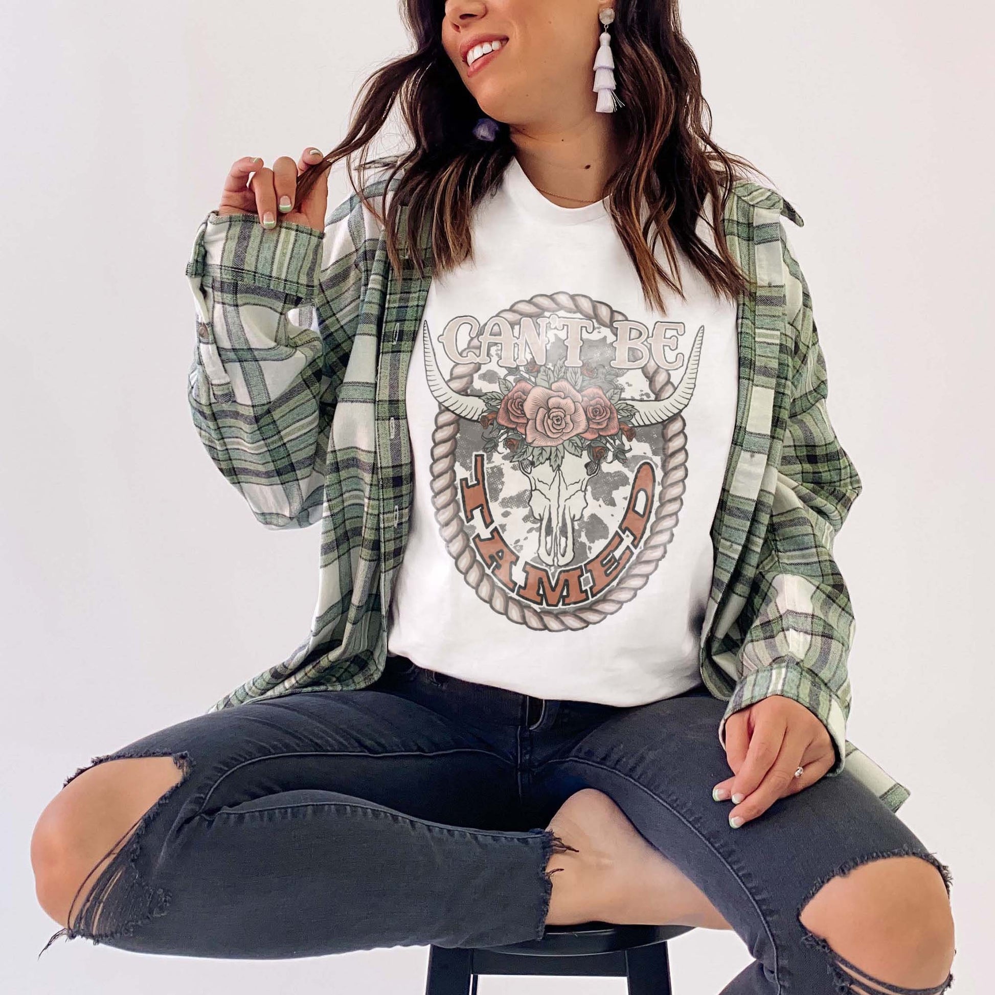 Can't Be Tamed Sublimation Design PNG Digital Download Printable Steer Skull Cow Print Western Floral Flower Vintage Retro Cowgirl Rodeo