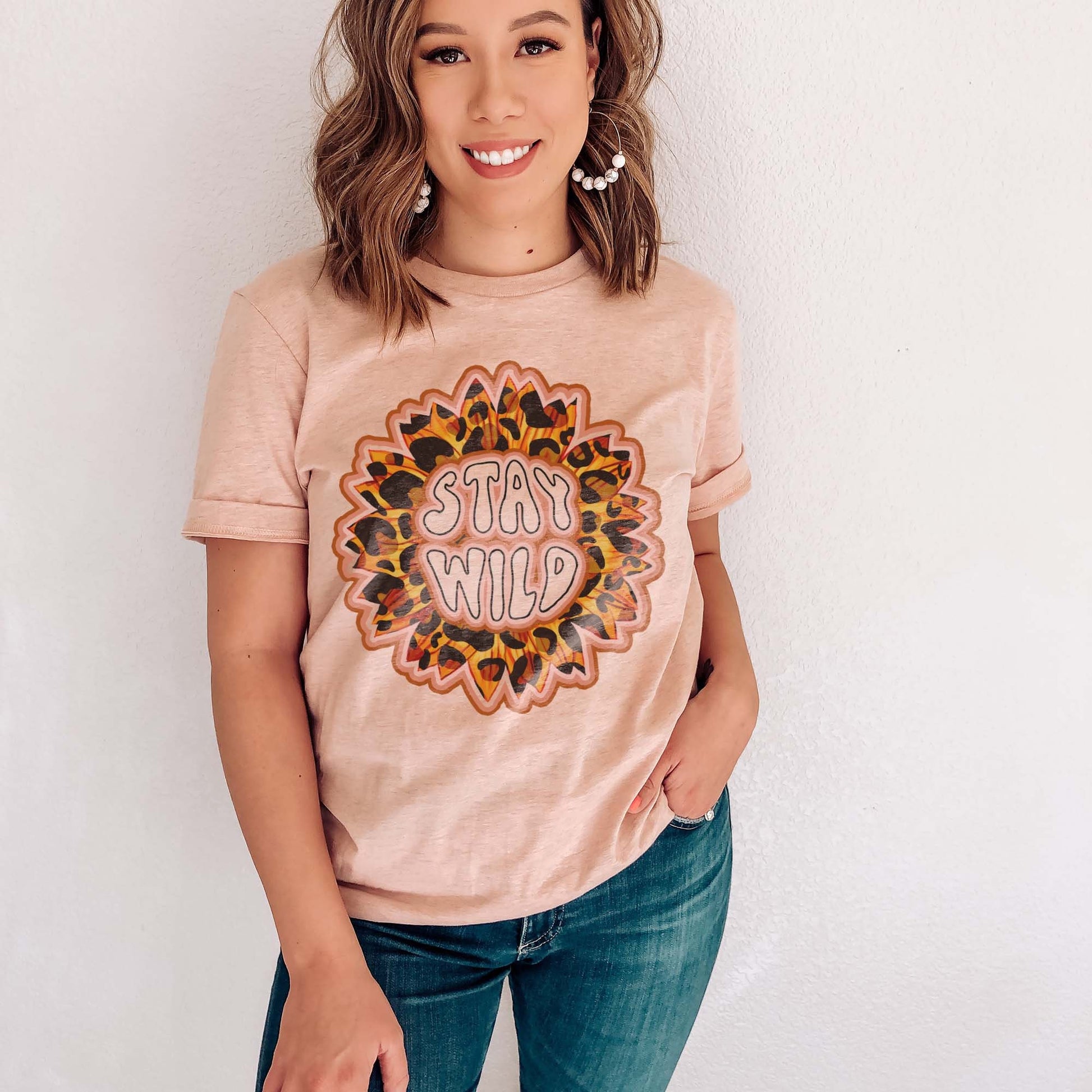 Stay Wild Sunflower Sublimation Design PNG Digital Download Printable Leopard Cheetah Flower Retro Groovy 70s Vintage Floral Pink