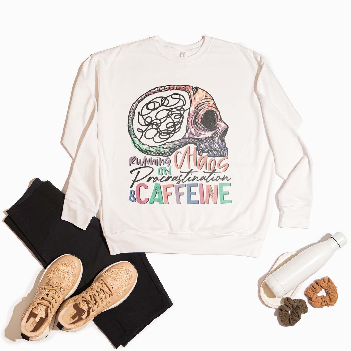 Running on Chaos Procrastination & Caffeine Sublimation Design PNG Digital Download Printable Skull Skeleton Brain Mental Health ADHD Mama