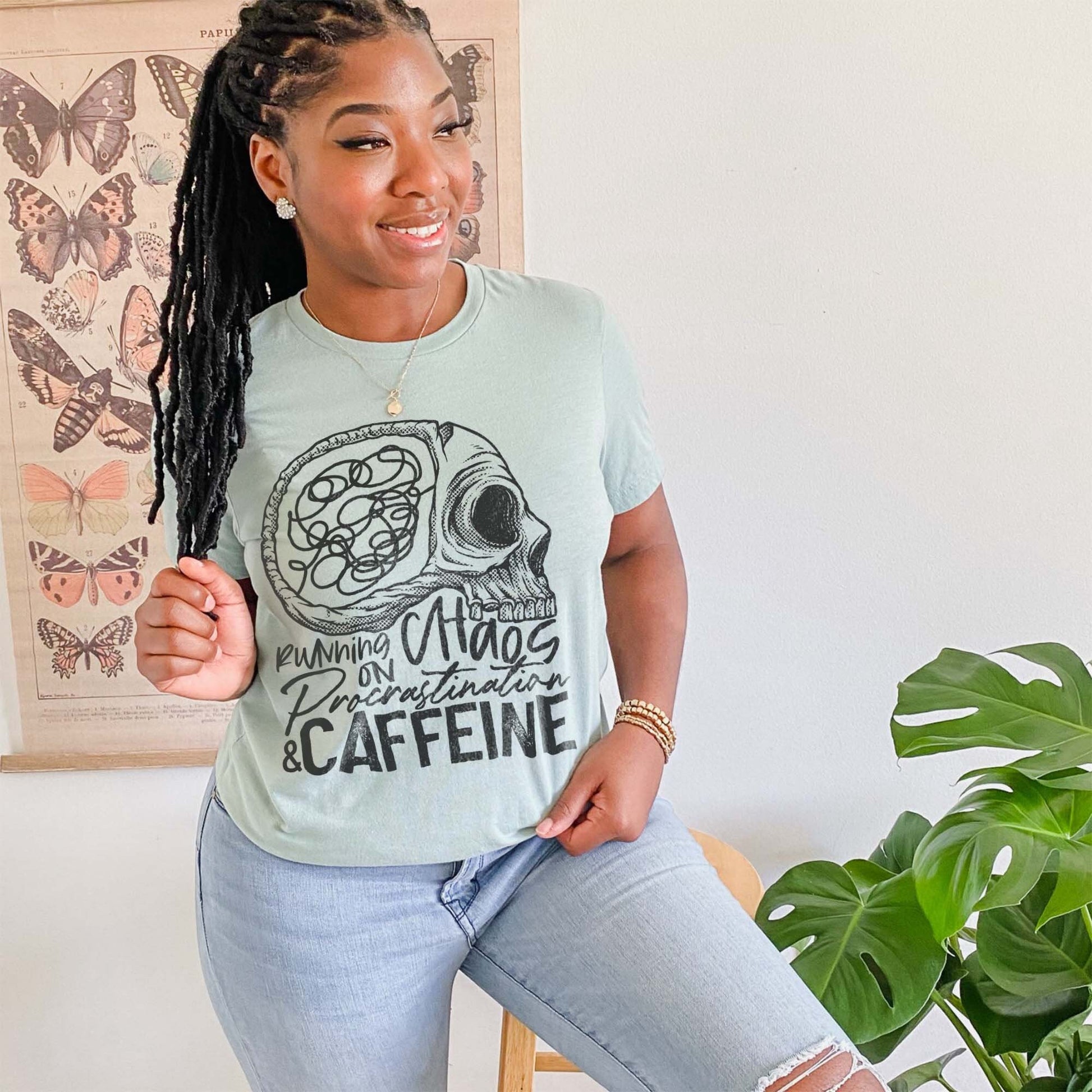 Running on Chaos Procrastination & Caffeine Sublimation Design PNG Digital Download Printable Skull Skeleton Brain Mental Health ADHD Mama