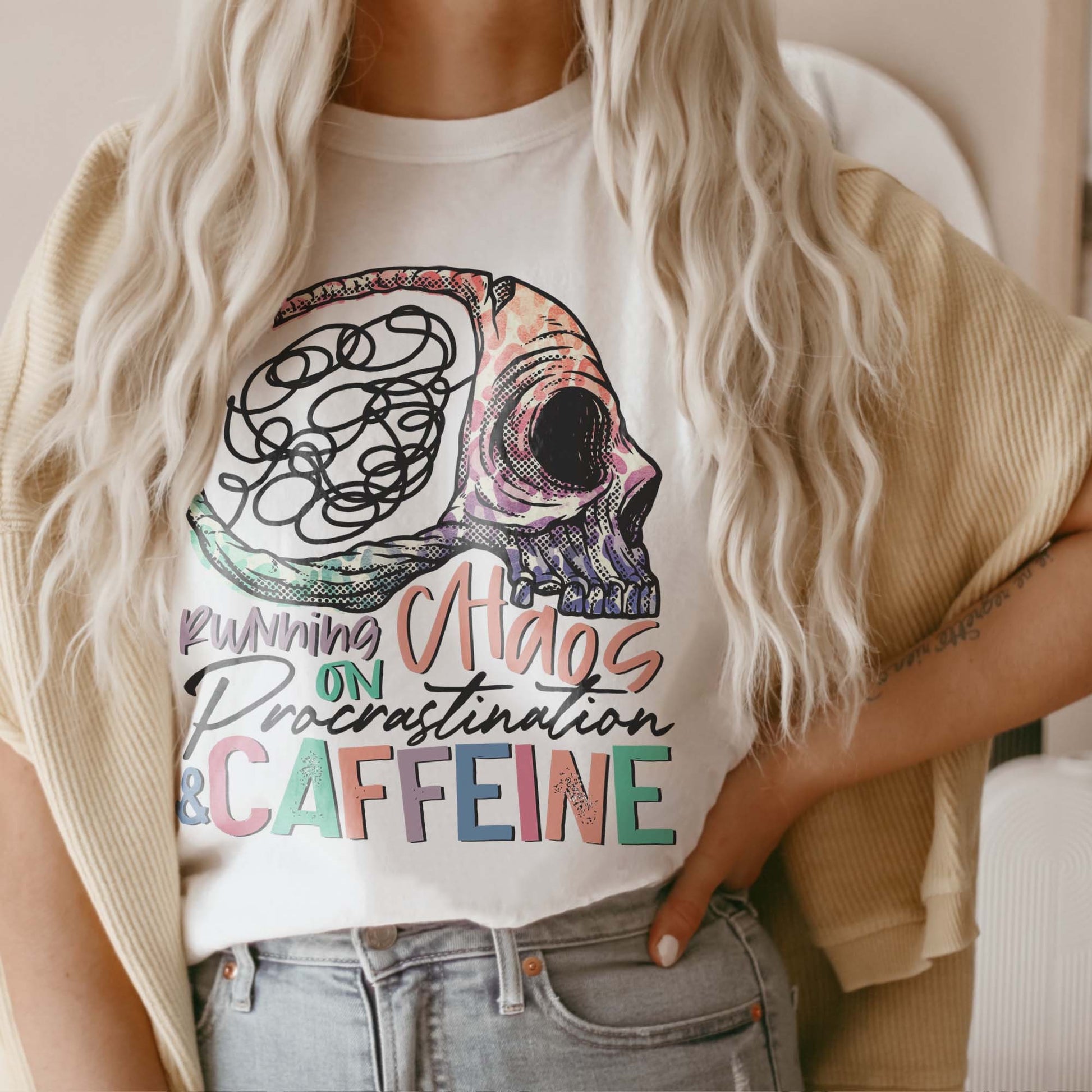 Running on Chaos Procrastination & Caffeine Sublimation Design PNG Digital Download Printable Skull Skeleton Brain Mental Health ADHD Mama