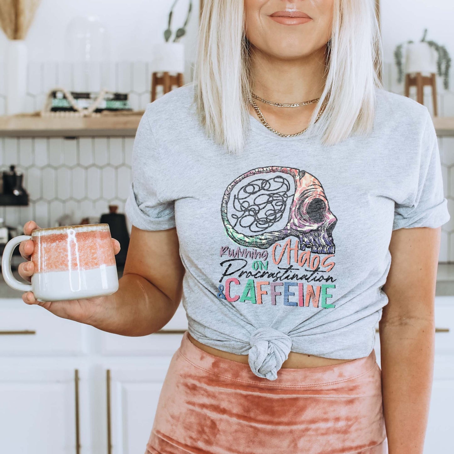 Running on Chaos Procrastination & Caffeine Sublimation Design PNG Digital Download Printable Skull Skeleton Brain Mental Health ADHD Mama