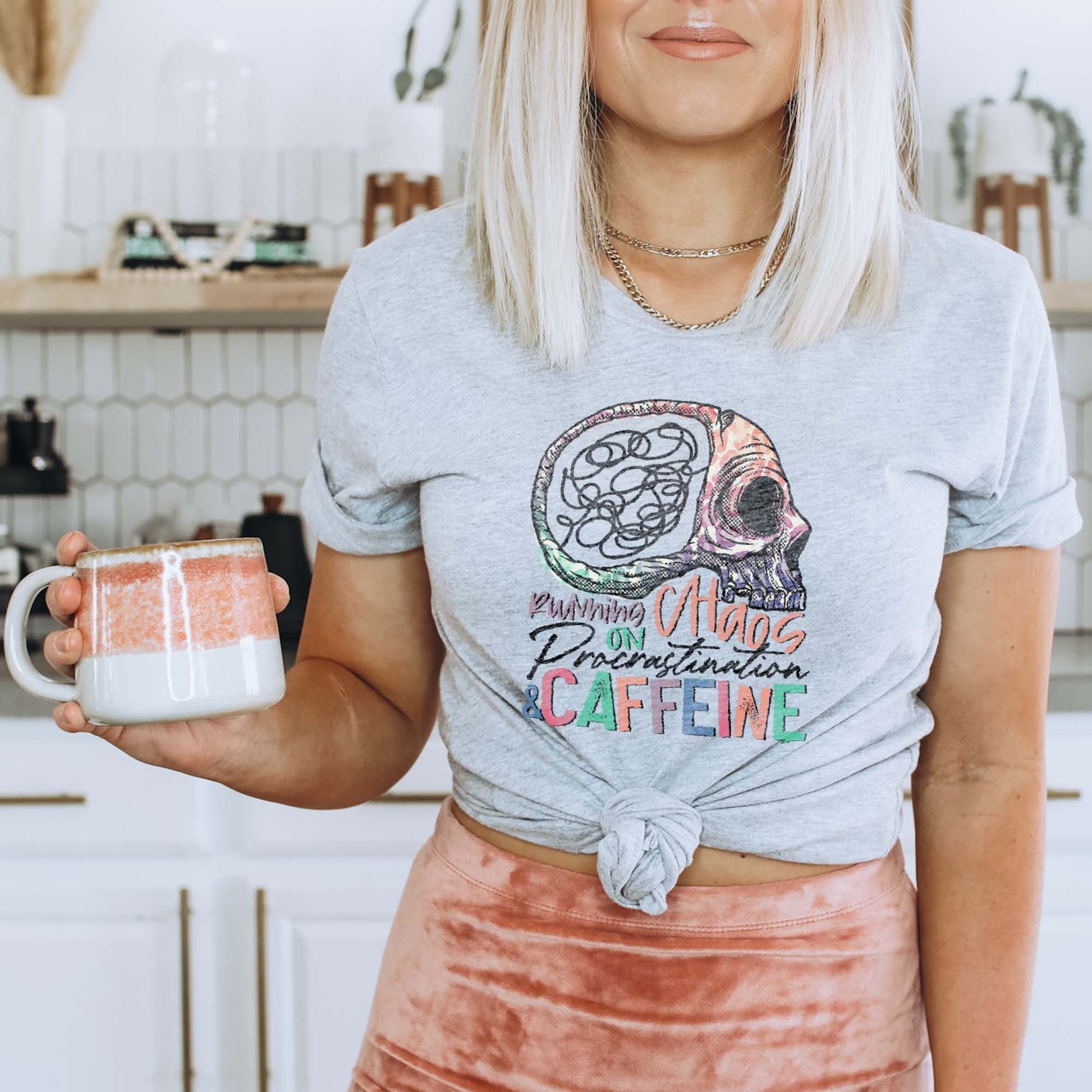 Running on Chaos Procrastination & Caffeine Sublimation Design PNG Digital Download Printable Skull Skeleton Brain Mental Health ADHD Mama