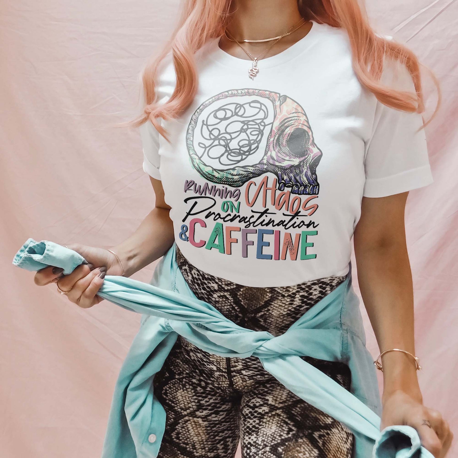 Running on Chaos Procrastination & Caffeine Sublimation Design PNG Digital Download Printable Skull Skeleton Brain Mental Health ADHD Mama