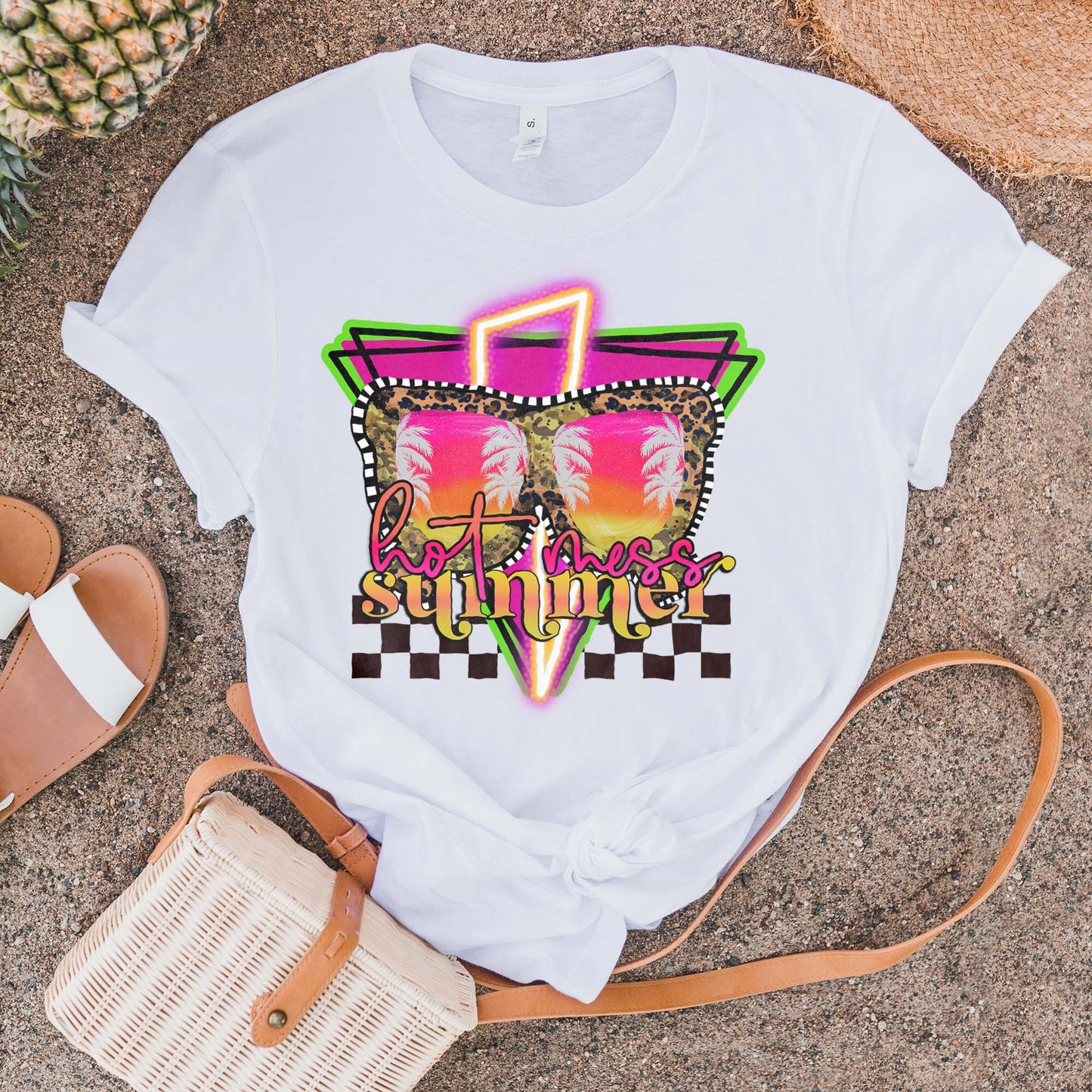 Hot Mess Summer Sublimation Design PNG Digital Download Printable Neon Lightning Bolt Thunder Checker 90s Mama Momma Mom Bod Neon Hot Mom