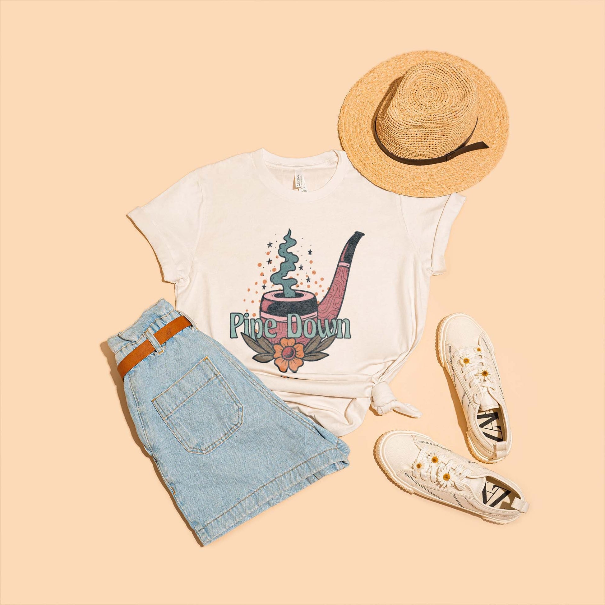 Pipe Down Sublimation Design PNG Digital Download Printable Smoke Pipe Funny Quote Saying Hippie 70s Groovy Retro Flower Boho Hobo