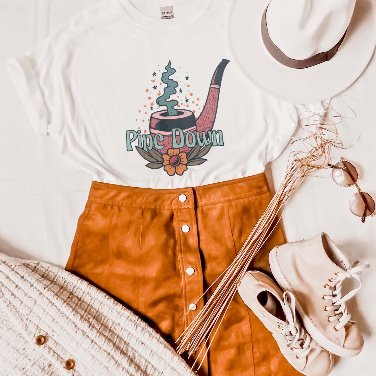 Pipe Down Sublimation Design PNG Digital Download Printable Smoke Pipe Funny Quote Saying Hippie 70s Groovy Retro Flower Boho Hobo