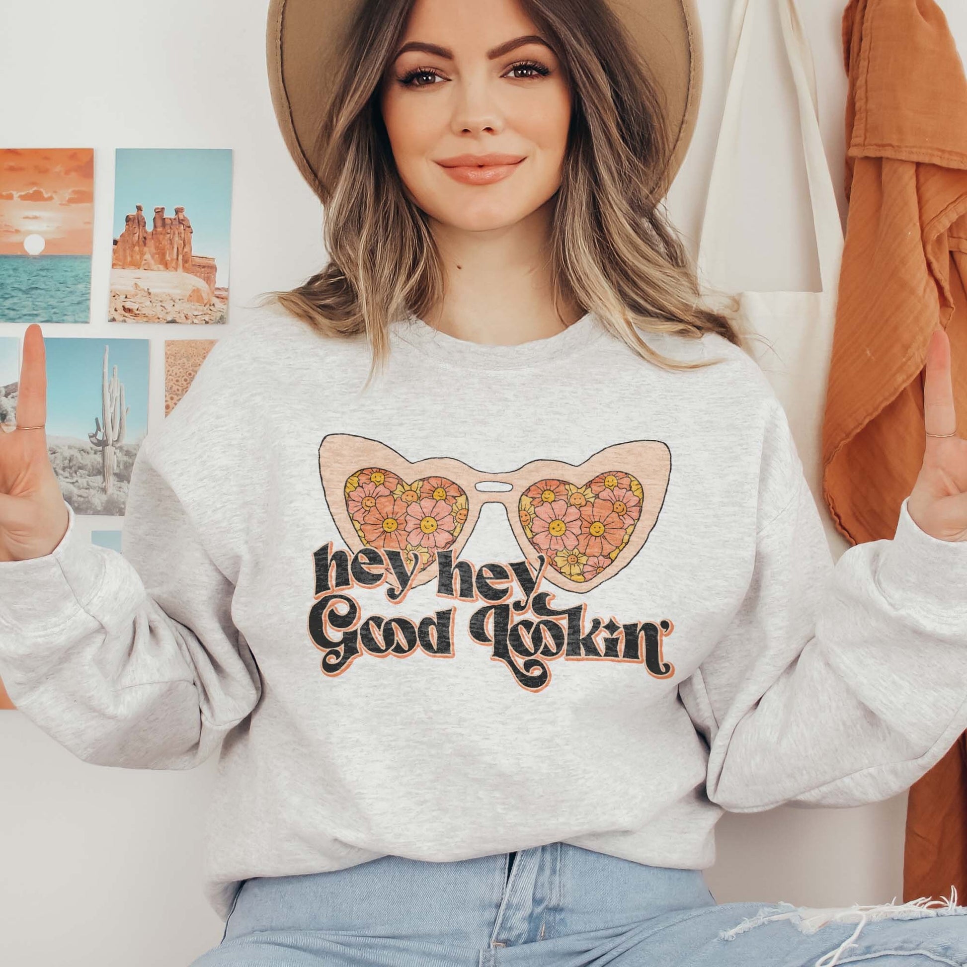 Hey Hey Good Lookin Sublimation Design PNG Digital Download Printable Retro Vintage Boho Hippie Vibe Flower Child Groovy Sunglasses 60s 70s