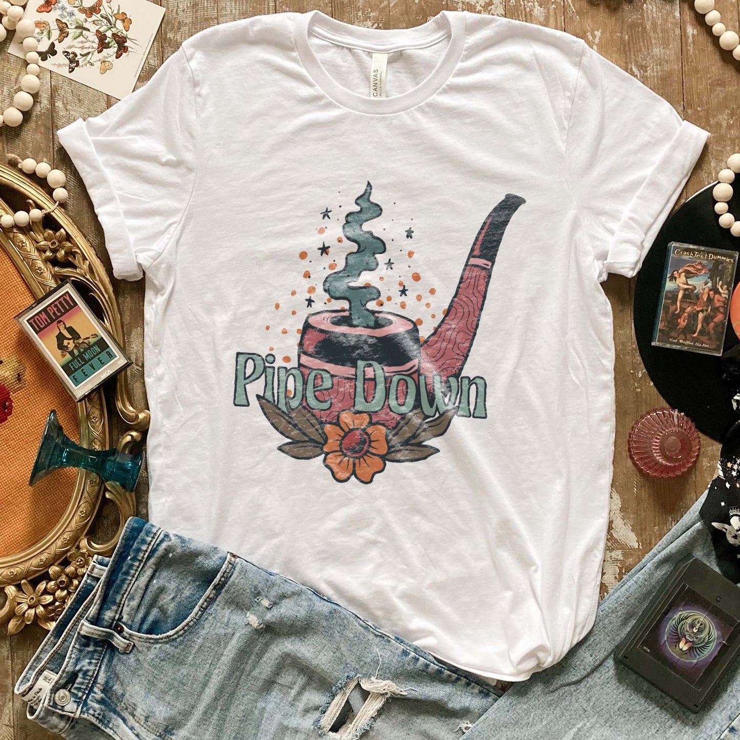 Pipe Down Sublimation Design PNG Digital Download Printable Smoke Pipe Funny Quote Saying Hippie 70s Groovy Retro Flower Boho Hobo