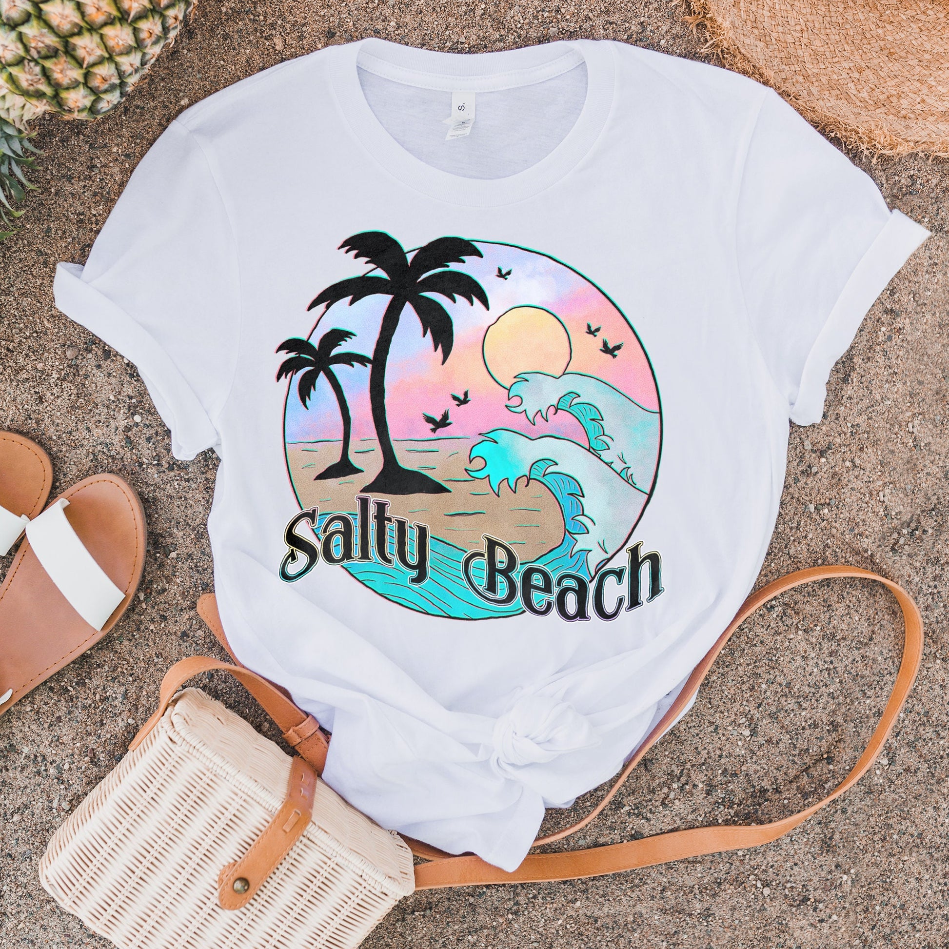 Salty Beach Sublimation Design PNG Digital Download Printable Vacation Ocean Summer Palm Trees Pastel Sunset Waves Wanderlust Travel Beaches