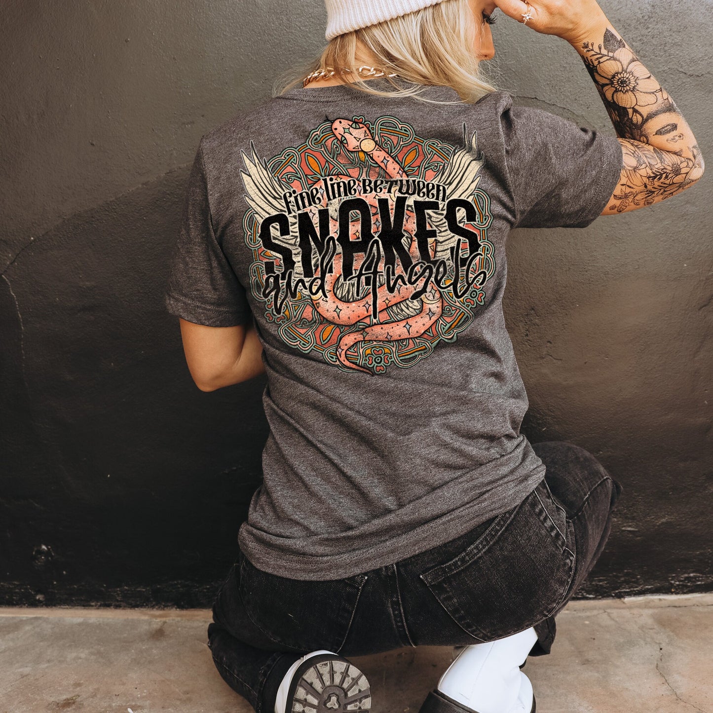 Fine Line Between Snakes and Angels Sublimation Design PNG Digital Download Printable Tattoo Snake Tattoo Wings Boho Mandala Country