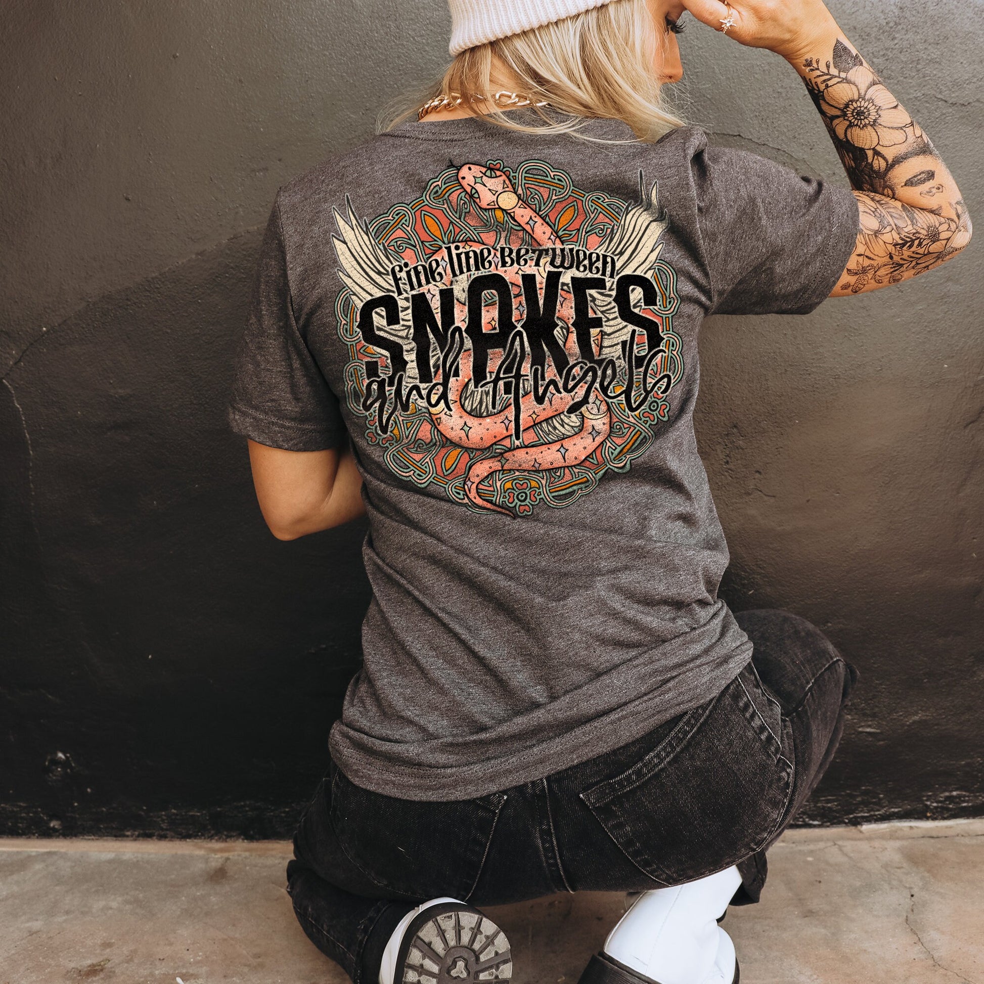 Fine Line Between Snakes and Angels Sublimation Design PNG Digital Download Printable Tattoo Snake Tattoo Wings Boho Mandala Country