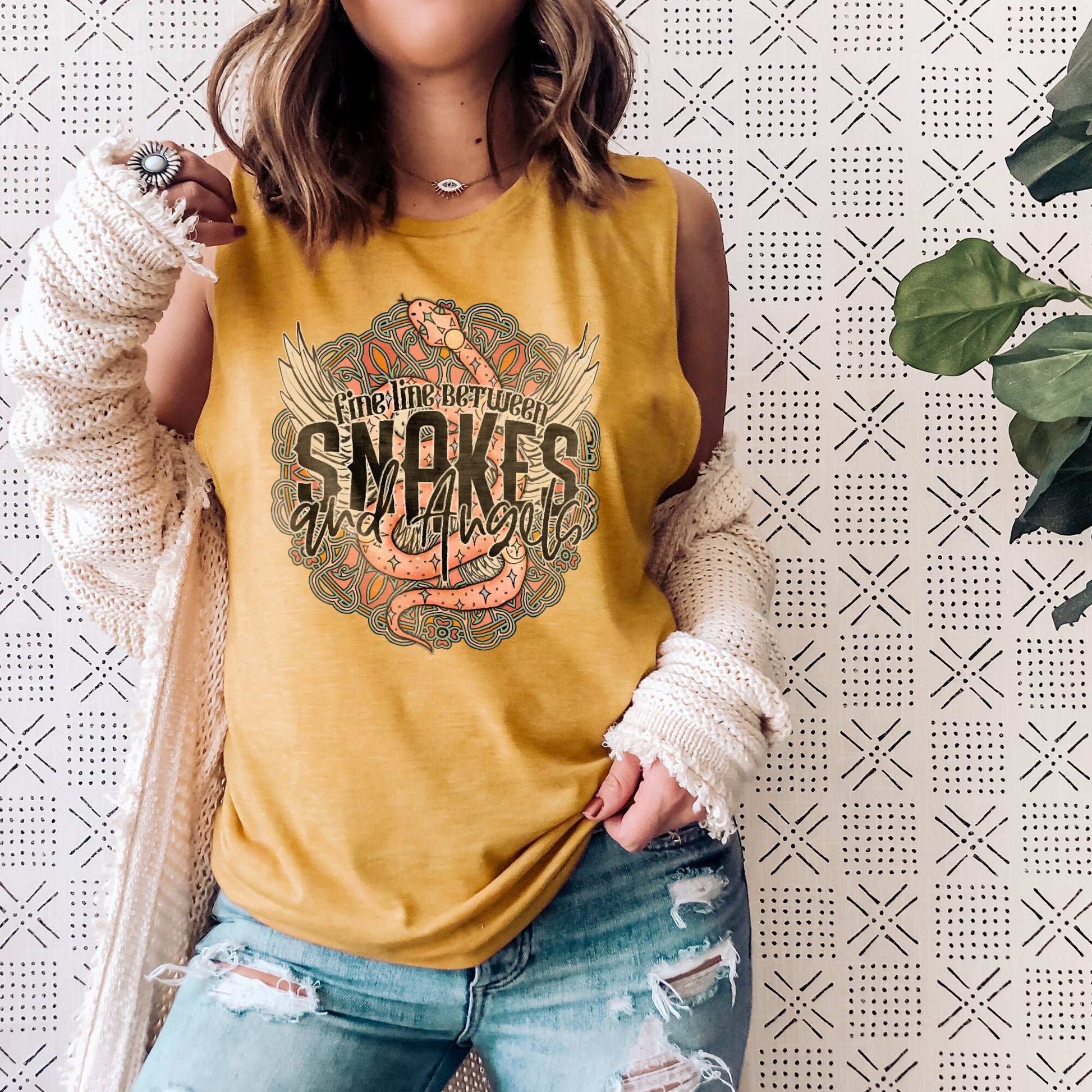 Fine Line Between Snakes and Angels Sublimation Design PNG Digital Download Printable Tattoo Snake Tattoo Wings Boho Mandala Country