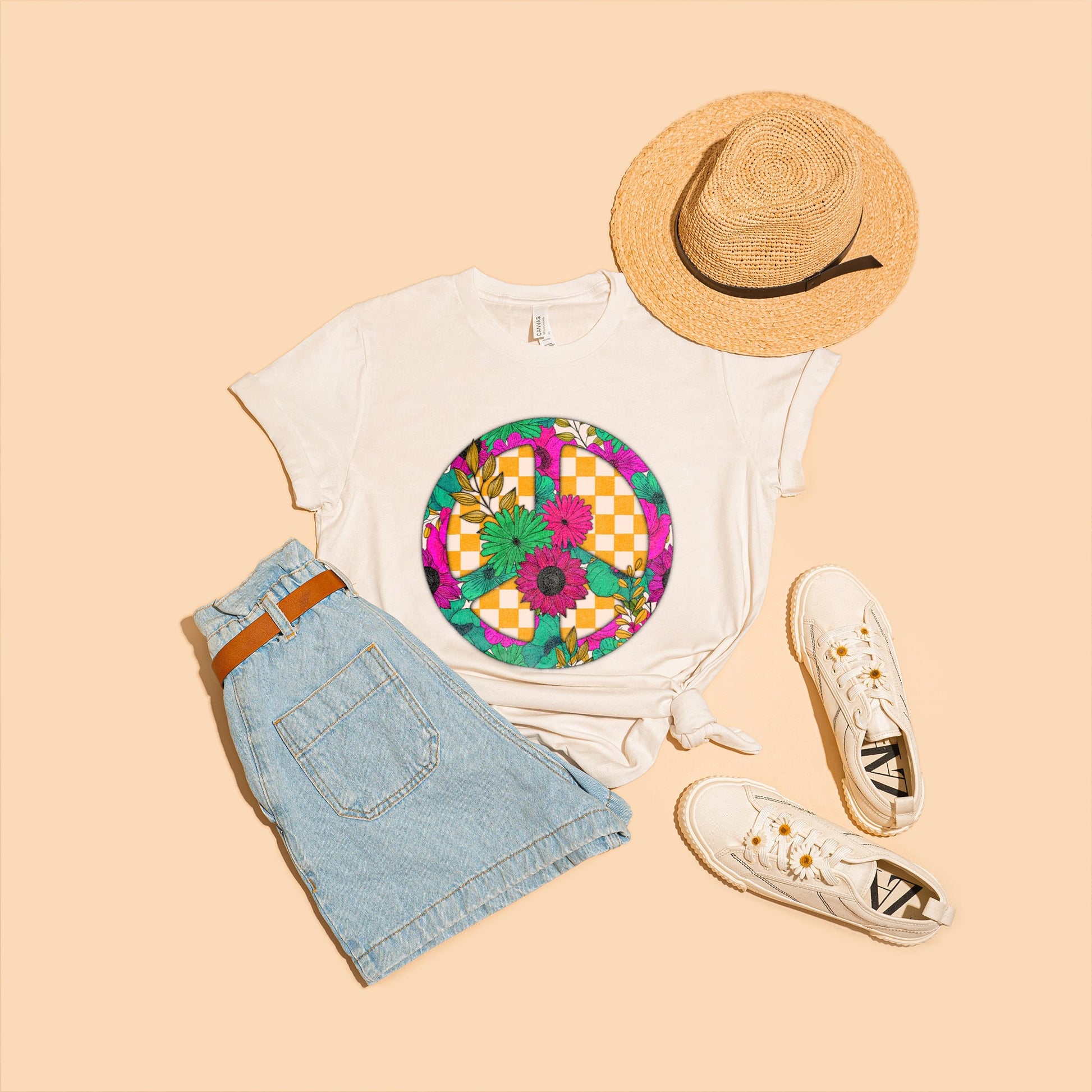 Peace Floral Sublimation Design PNG Digital Download Printable Boho Flower Daisy Retro Groovy Checker Hippie Trippy Tiedye Peace Sign Daisy