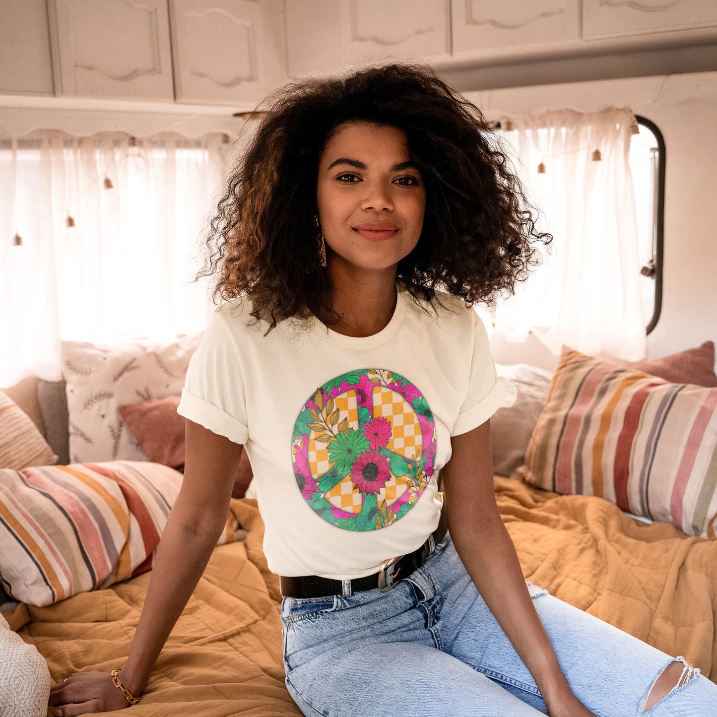 Peace Floral Sublimation Design PNG Digital Download Printable Boho Flower Daisy Retro Groovy Checker Hippie Trippy Tiedye Peace Sign Daisy