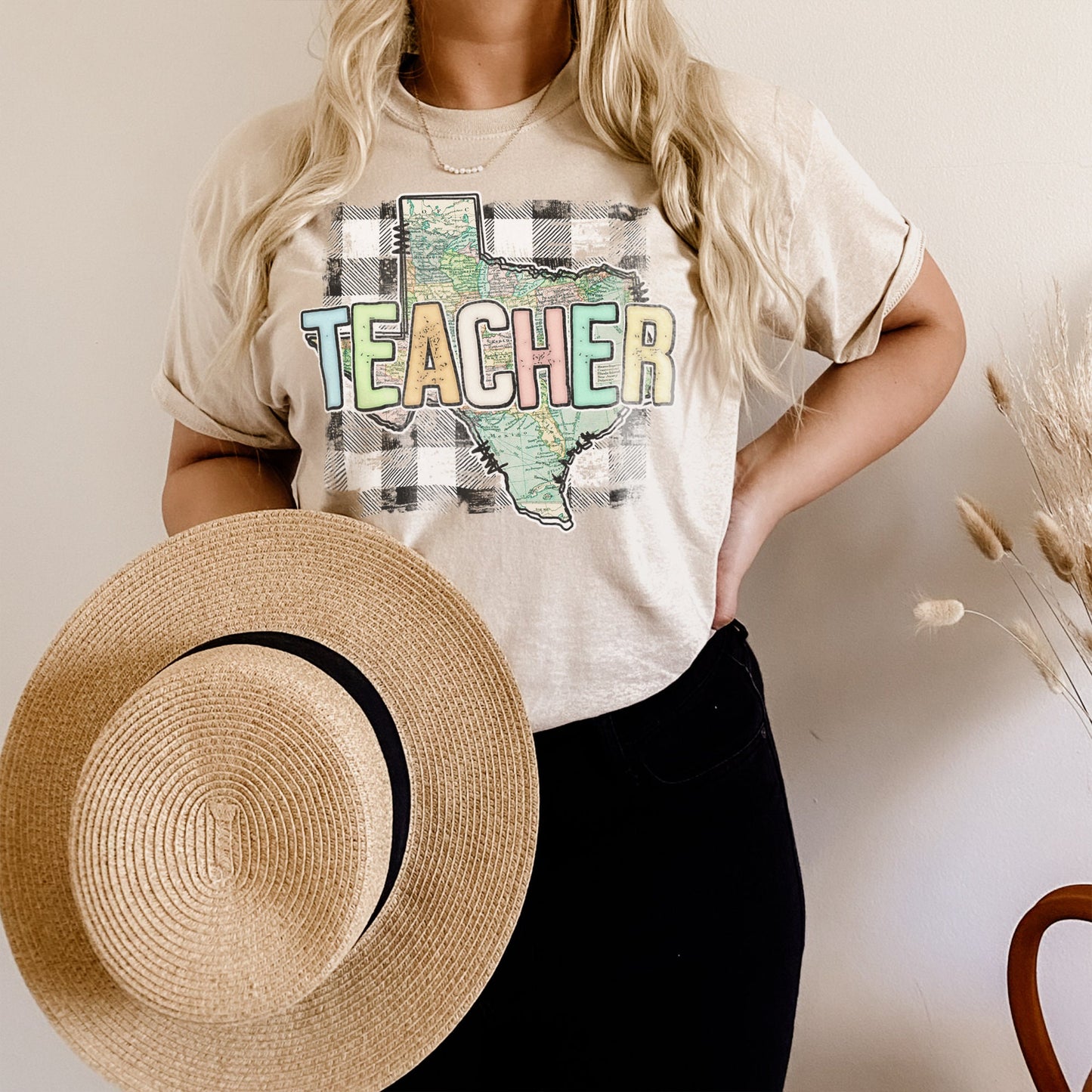 Teacher Texas Sublimation Design PNG Digital Download Printable State School Spirit Gingham School Supplies Map Cute Pastel