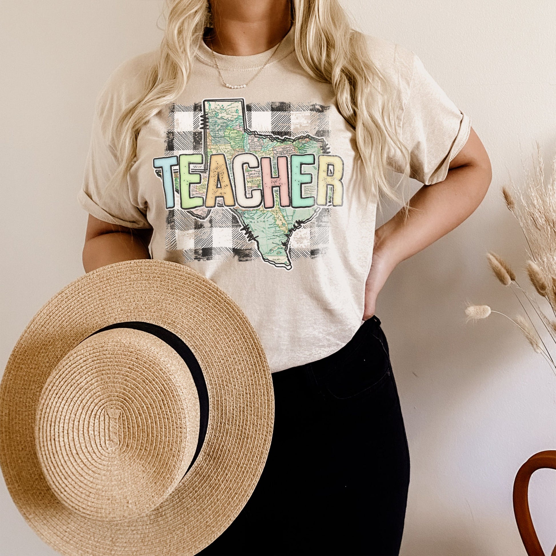 Teacher Texas Sublimation Design PNG Digital Download Printable State School Spirit Gingham School Supplies Map Cute Pastel