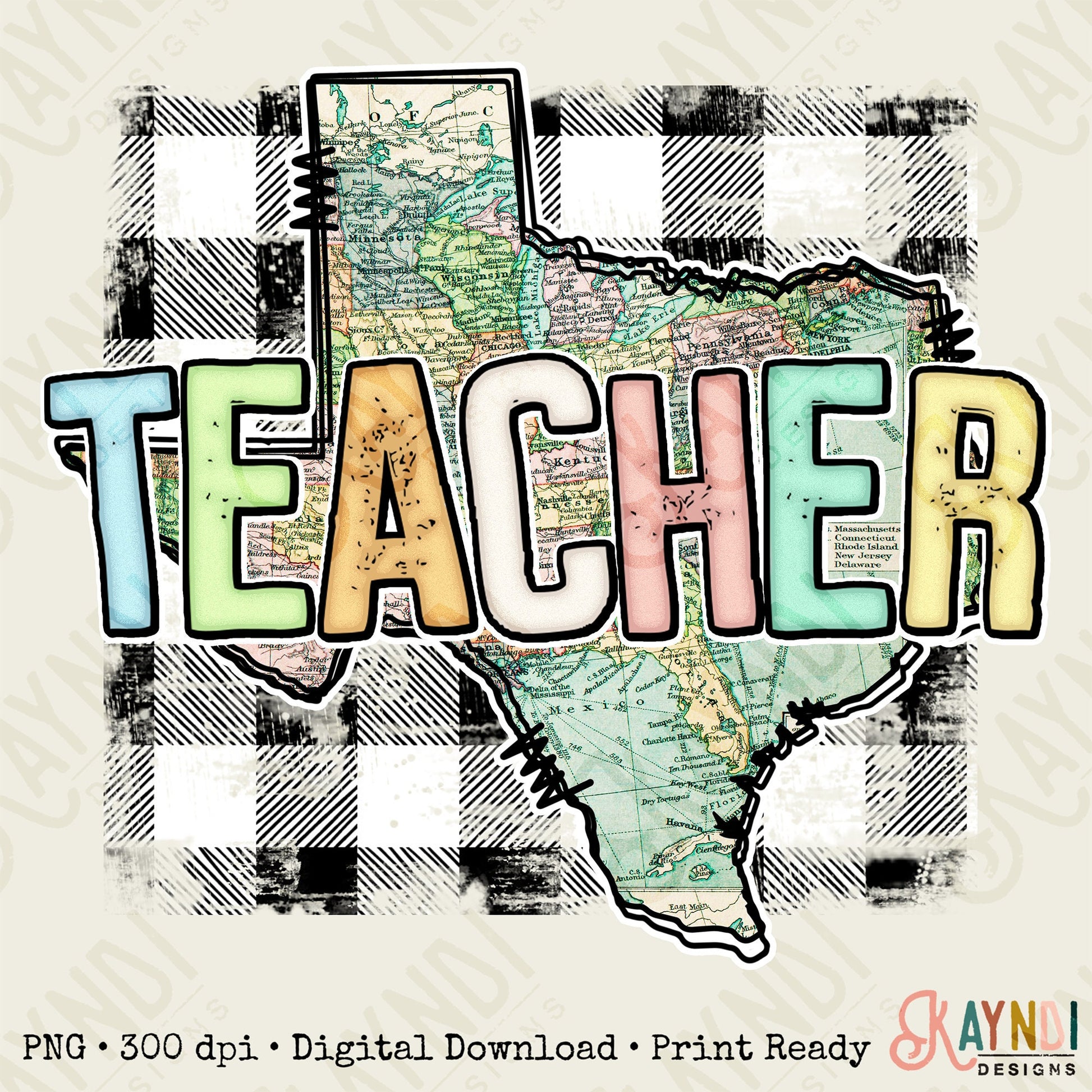 Teacher Texas Sublimation Design PNG Digital Download Printable State School Spirit Gingham School Supplies Map Cute Pastel