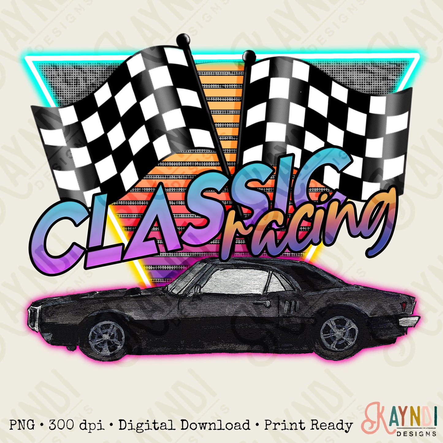 Classic Racing Sublimation Design PNG Digital Download Printable Hot Rod Vintage Retro Muscle Car Checker Flags Neon