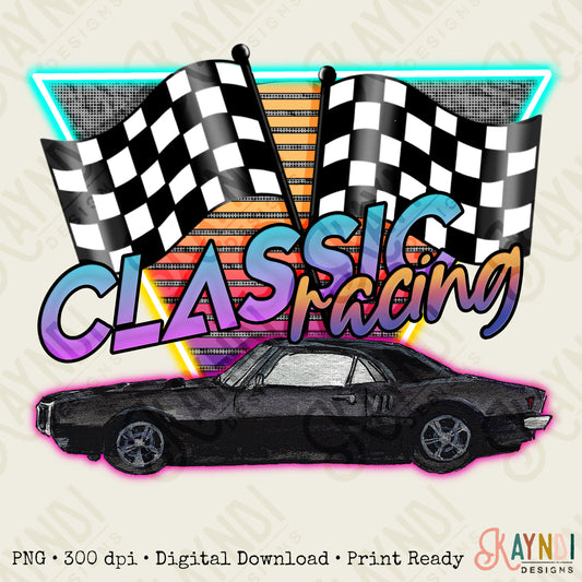 Classic Racing Sublimation Design PNG Digital Download Printable Hot Rod Vintage Retro Muscle Car Checker Flags Neon