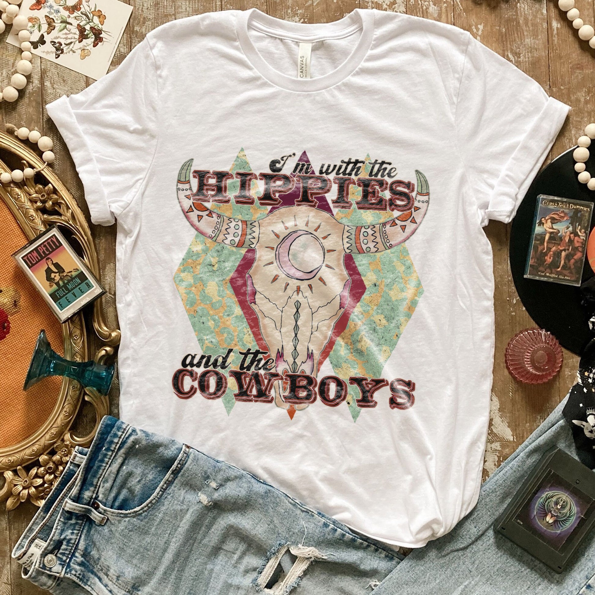 I'm With The Hippies and the Cowboys Sublimation Design PNG Digital Download Printable Bull Steer Skull Leopard Western Cowgirl Boho Retro