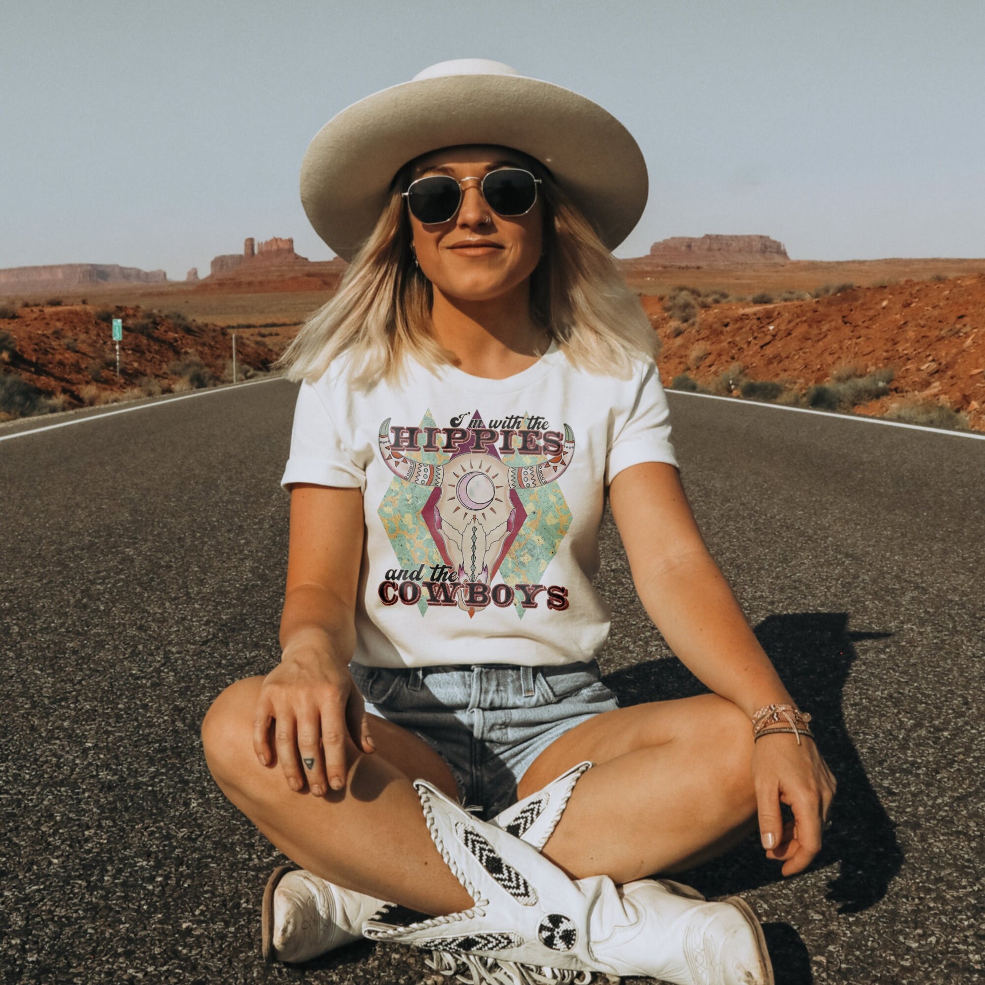 I'm With The Hippies and the Cowboys Sublimation Design PNG Digital Download Printable Bull Steer Skull Leopard Western Cowgirl Boho Retro