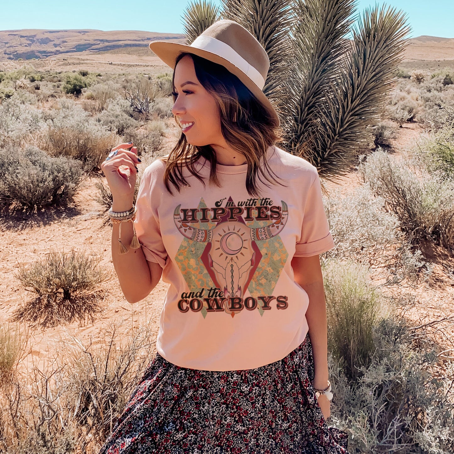 I'm With The Hippies and the Cowboys Sublimation Design PNG Digital Download Printable Bull Steer Skull Leopard Western Cowgirl Boho Retro