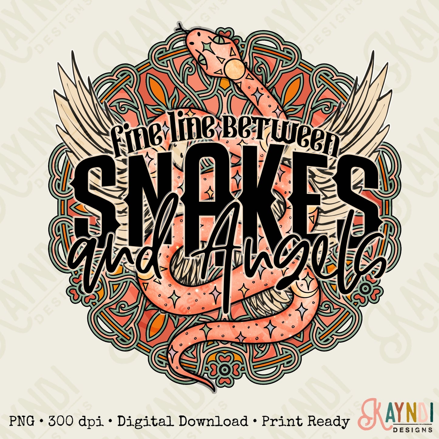 Fine Line Between Snakes and Angels Sublimation Design PNG Digital Download Printable Tattoo Snake Tattoo Wings Boho Mandala Country