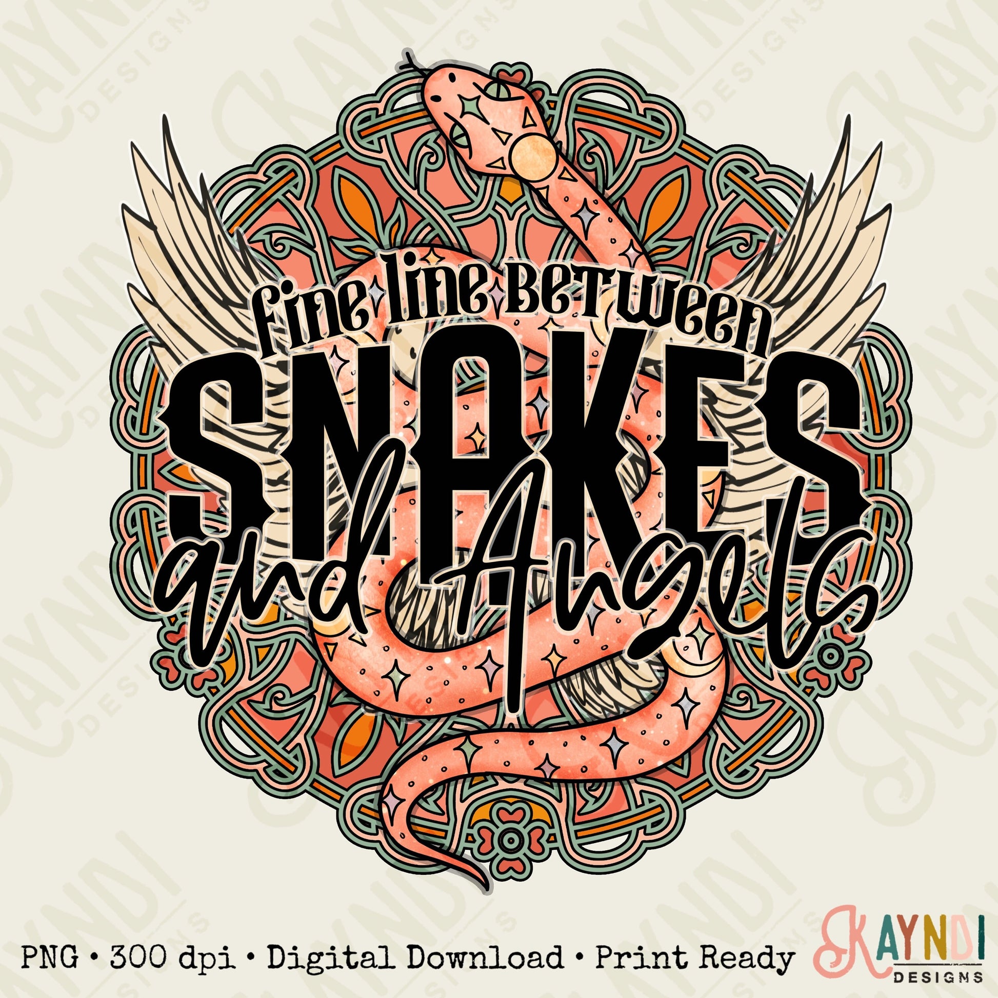 Fine Line Between Snakes and Angels Sublimation Design PNG Digital Download Printable Tattoo Snake Tattoo Wings Boho Mandala Country