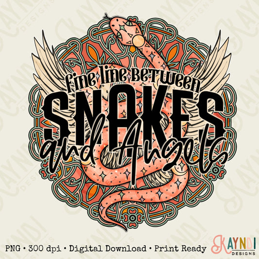 Fine Line Between Snakes and Angels Sublimation Design PNG Digital Download Printable Tattoo Snake Tattoo Wings Boho Mandala Country
