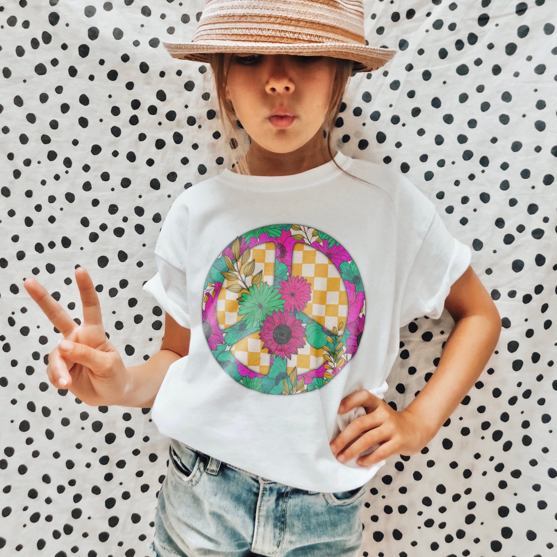 Peace Floral Sublimation Design PNG Digital Download Printable Boho Flower Daisy Retro Groovy Checker Hippie Trippy Tiedye Peace Sign Daisy