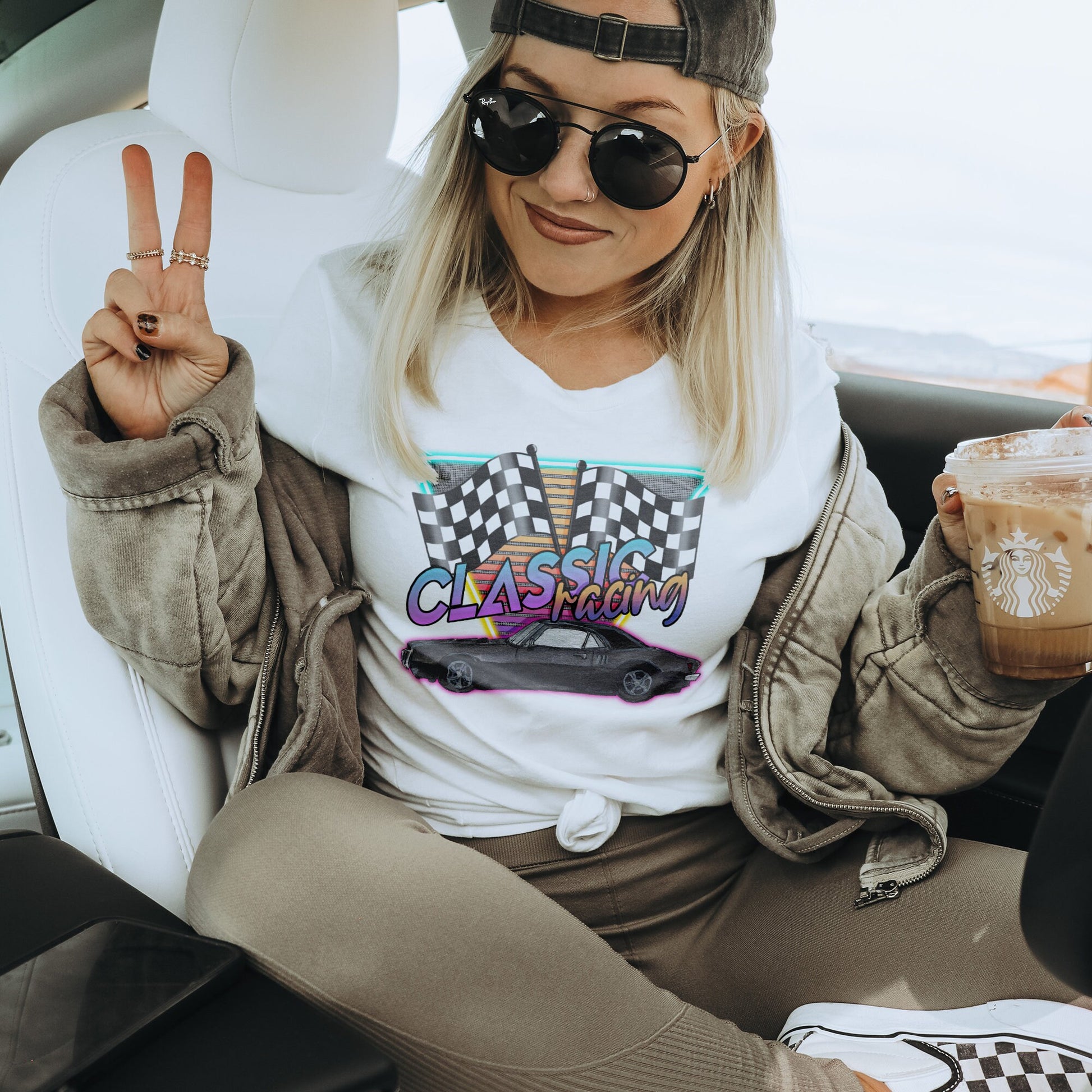 Classic Racing Sublimation Design PNG Digital Download Printable Hot Rod Vintage Retro Muscle Car Checker Flags Neon