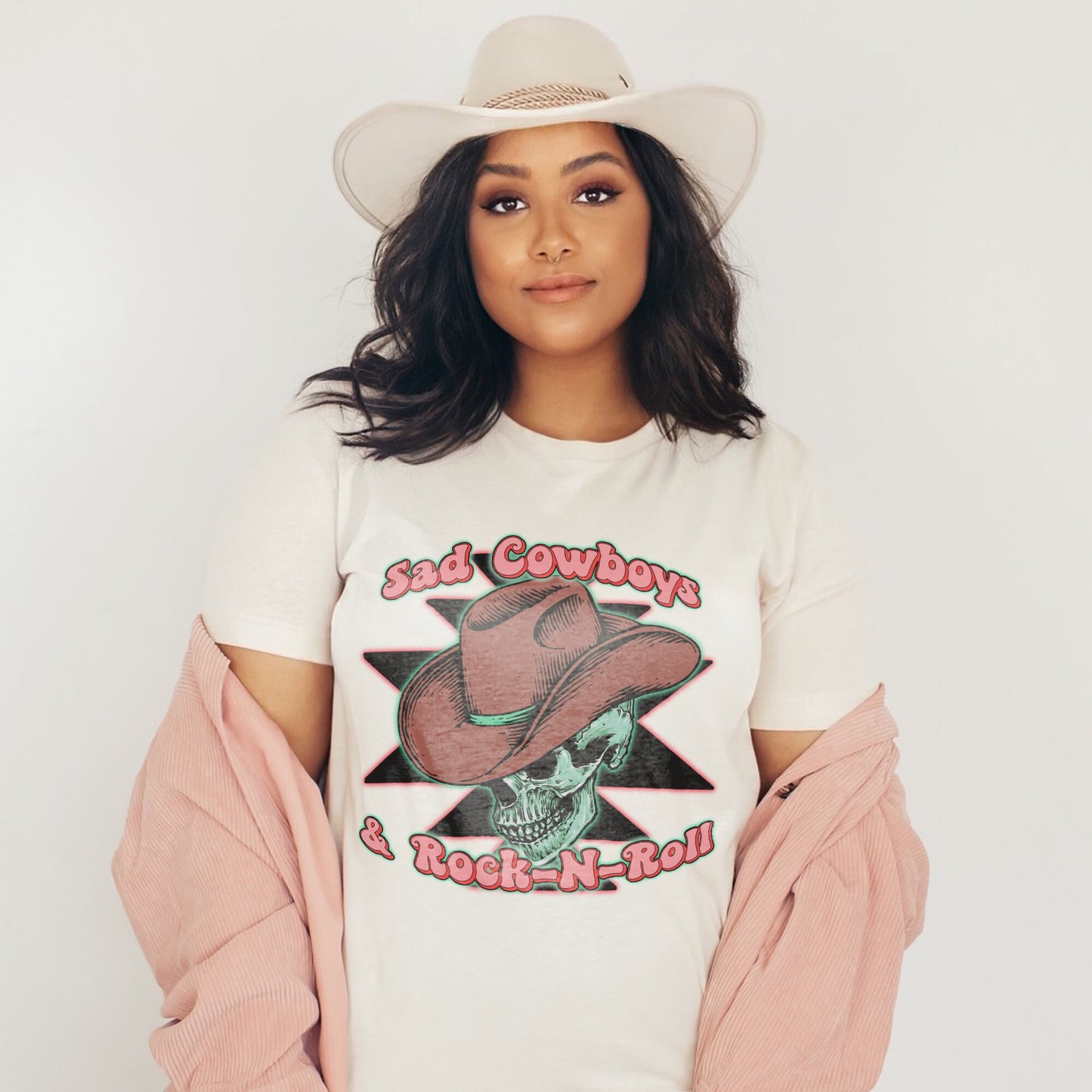 Sad Cowboy & Rock-N-Roll Sublimation Design PNG Digital Download Printable Rock and Roll Cowboy Hat Skeleton Skull Western Retro Groovy