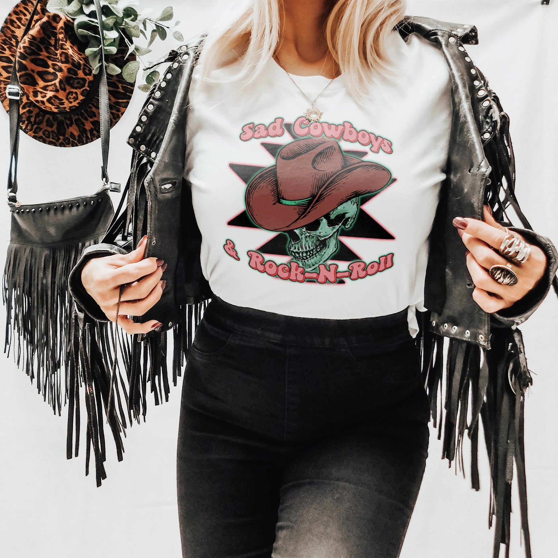 Sad Cowboy & Rock-N-Roll Sublimation Design PNG Digital Download Printable Rock and Roll Cowboy Hat Skeleton Skull Western Retro Groovy