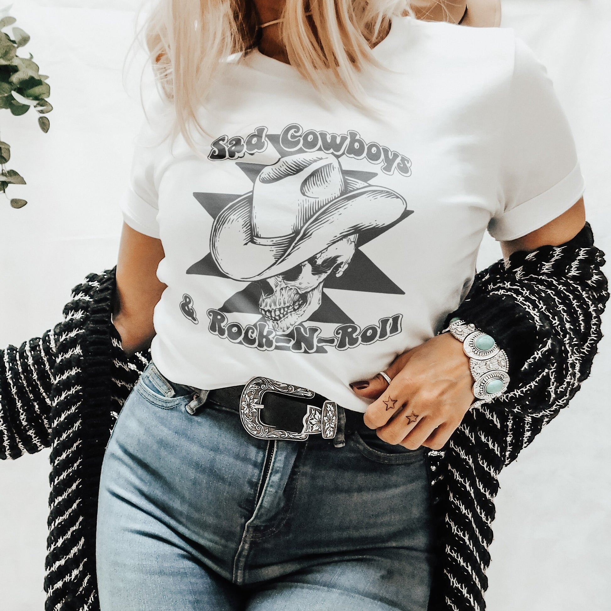 Sad Cowboy & Rock-N-Roll Sublimation Design PNG Digital Download Printable Single Color Cowboy Hat Skeleton Skull Western Retro Groovy