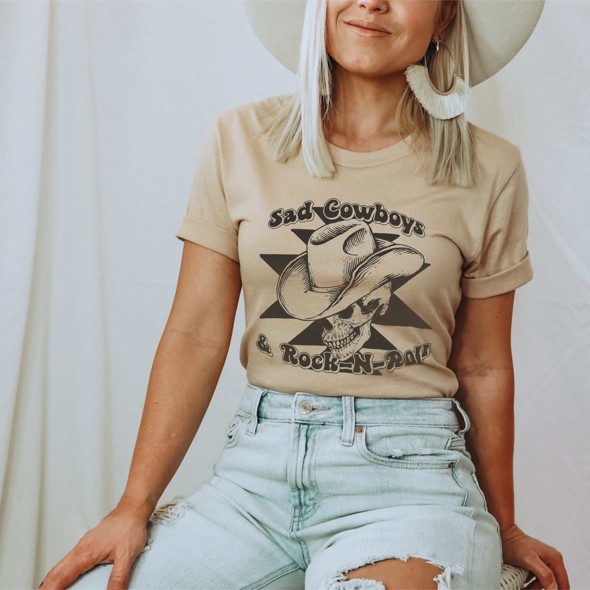 Sad Cowboy & Rock-N-Roll Sublimation Design PNG Digital Download Printable Single Color Cowboy Hat Skeleton Skull Western Retro Groovy