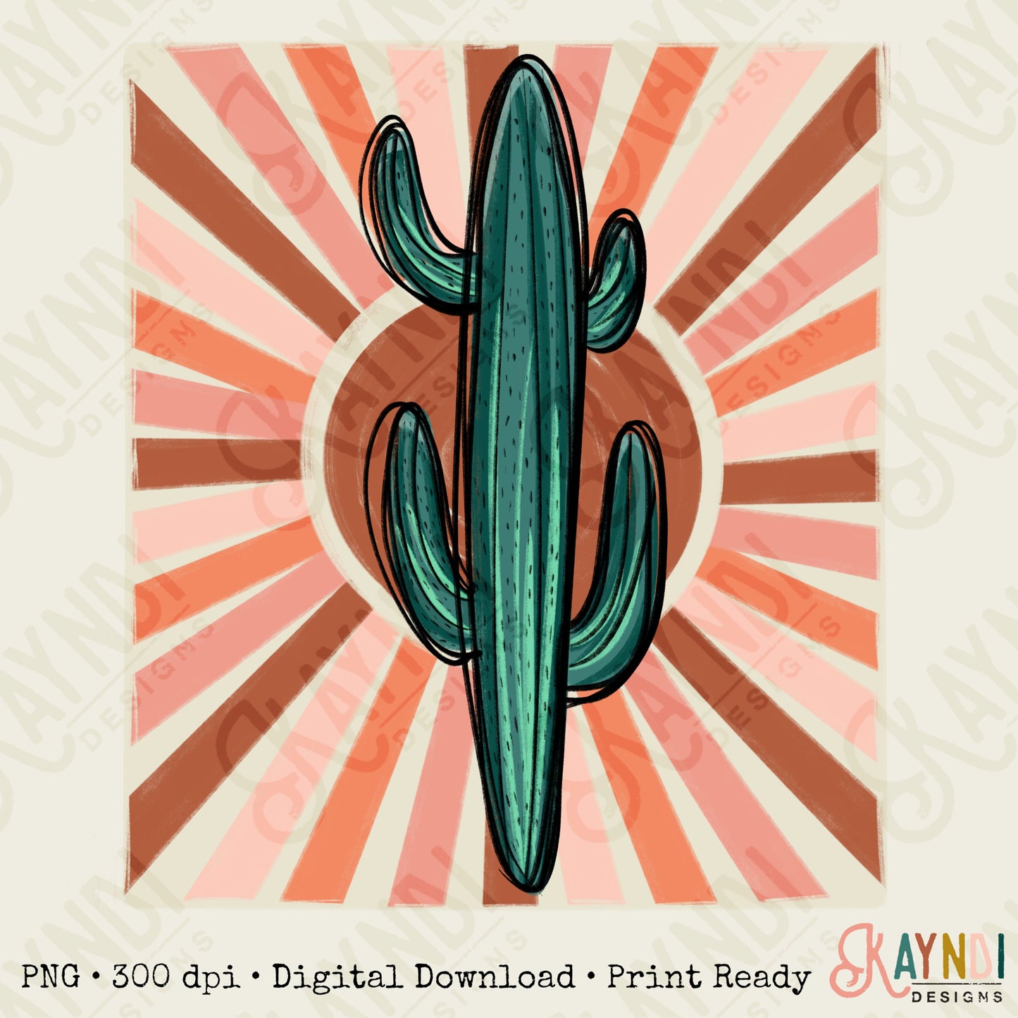 Hand Drawn Cactus Sublimation Design PNG Digital Download Printable Sun Sunburst 70s Western Punchy Retro Cowboy Cowgirl Bull Desert Bull