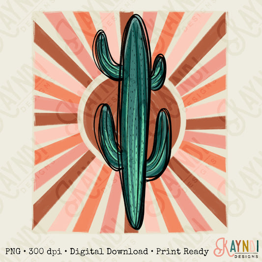 Hand Drawn Cactus Sublimation Design PNG Digital Download Printable Sun Sunburst 70s Western Punchy Retro Cowboy Cowgirl Bull Desert Bull
